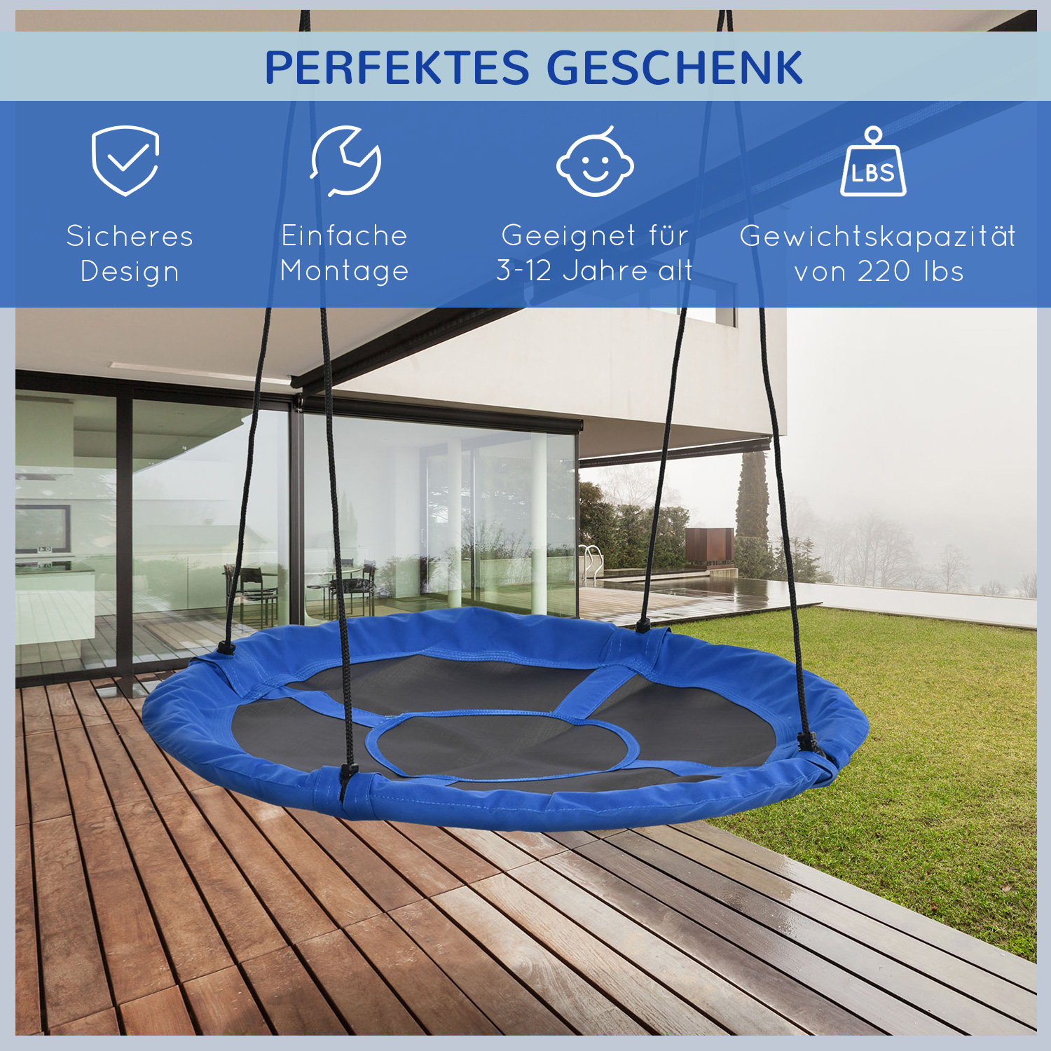 Nestschaukel, wetterfest, bis 100 kg, längenverstellbare Seile, ?110 cm, Blau