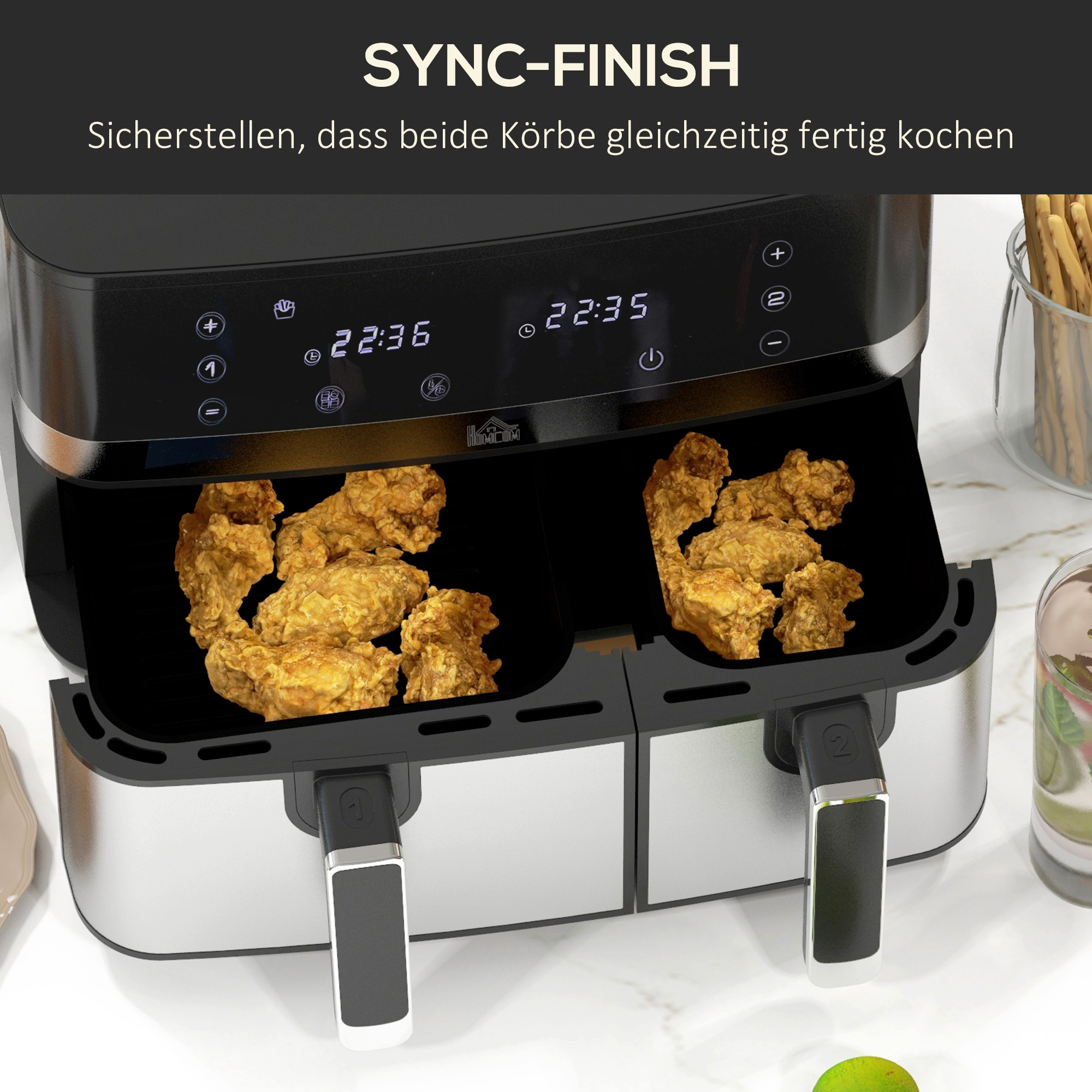 Heißluftfriteuse Friteuse, 2700 W, 8 Einstellungen, 41,8 cm x 39,2 cm x 31,1 cm, Schwarz + Silber