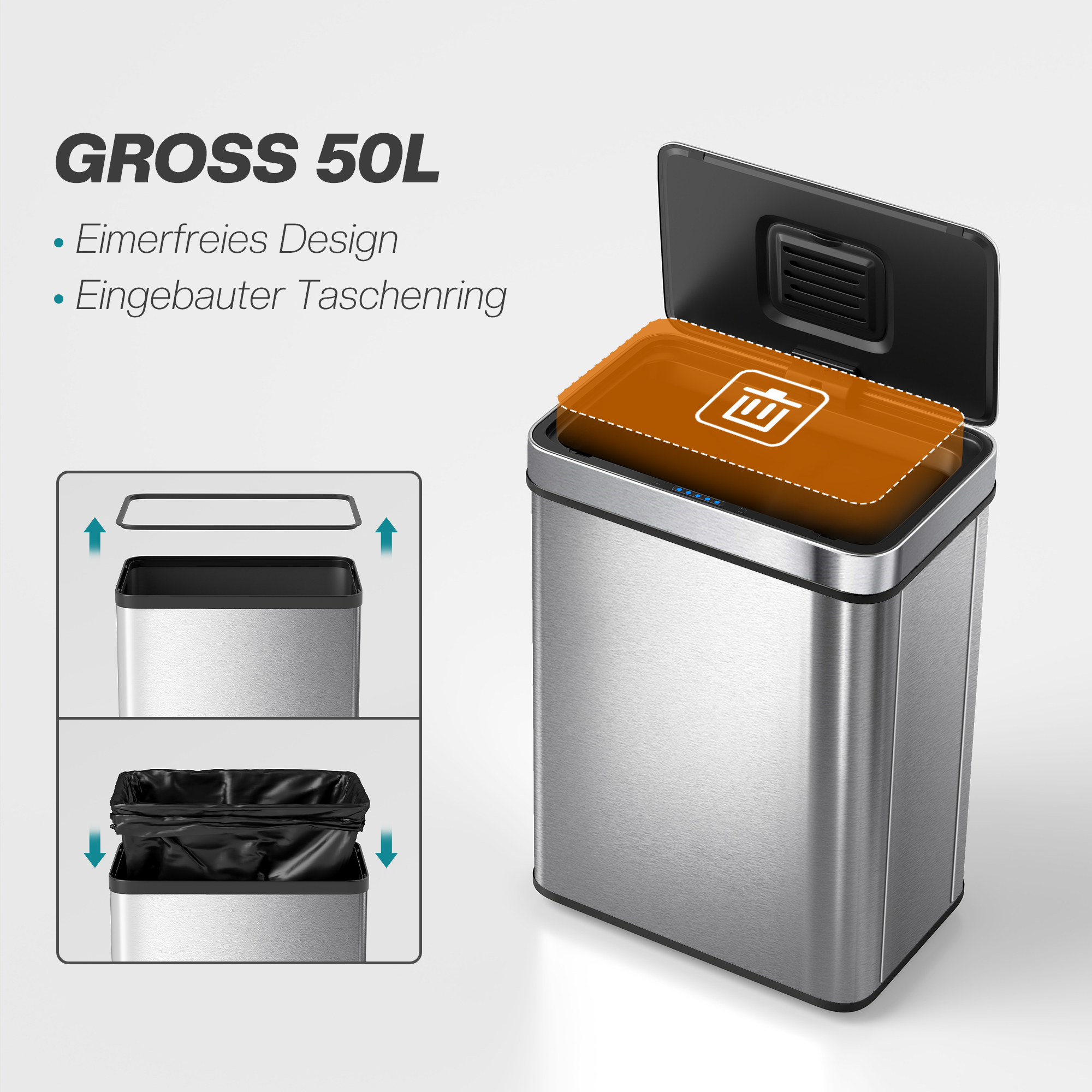 50 L Sensor-Mülleimer, automatischer Deckel, Edelstahl, vielseitig einsetzbar, Silberfarben