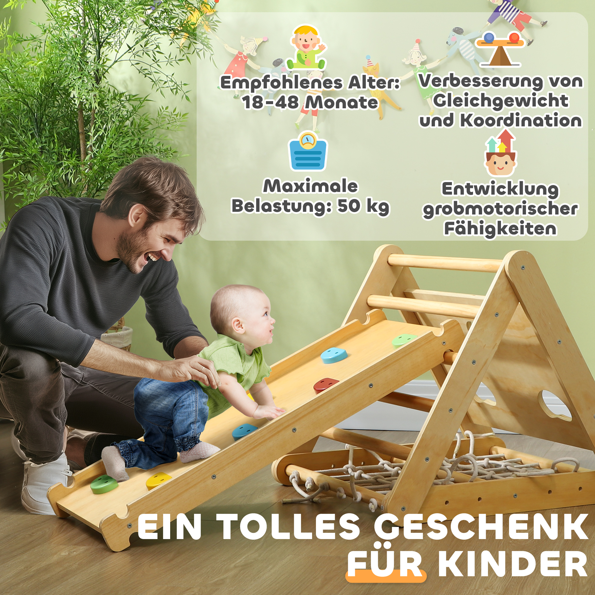 Klettergerüst Indoor, 7 in 1 Kletterdreieck mit Rutsche, Kletterbogen, Mehrfarbig
