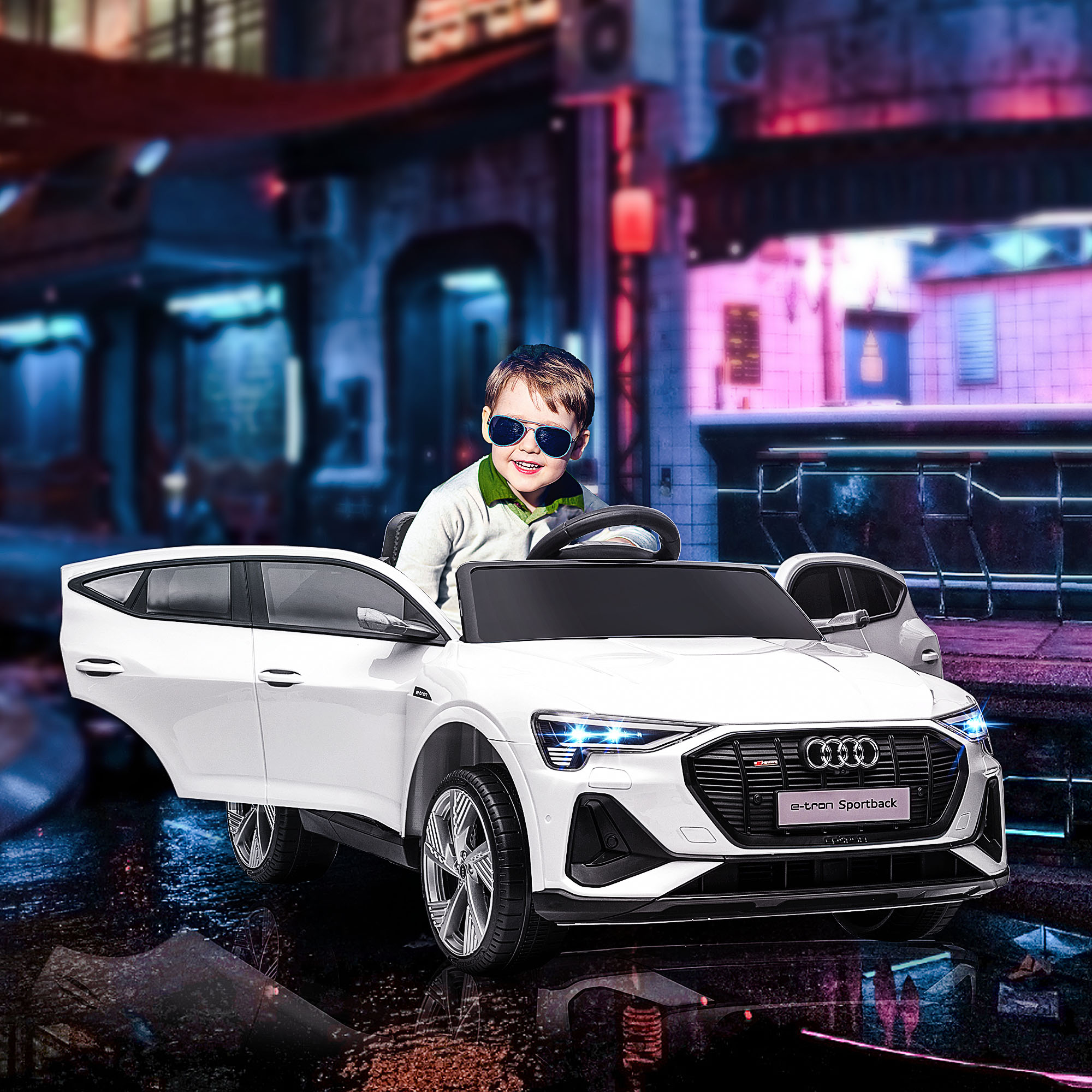 Elektro Kinderauto 12V Elektrofahrzeug Audi E-tron Elektroauto mit Fernbedienung, Sicherheitsgurt, Musik (MP3/USB/TF), Kinderfahrzeug für Kinder 3-5 Jahre, 3-5 km/h, Weiß