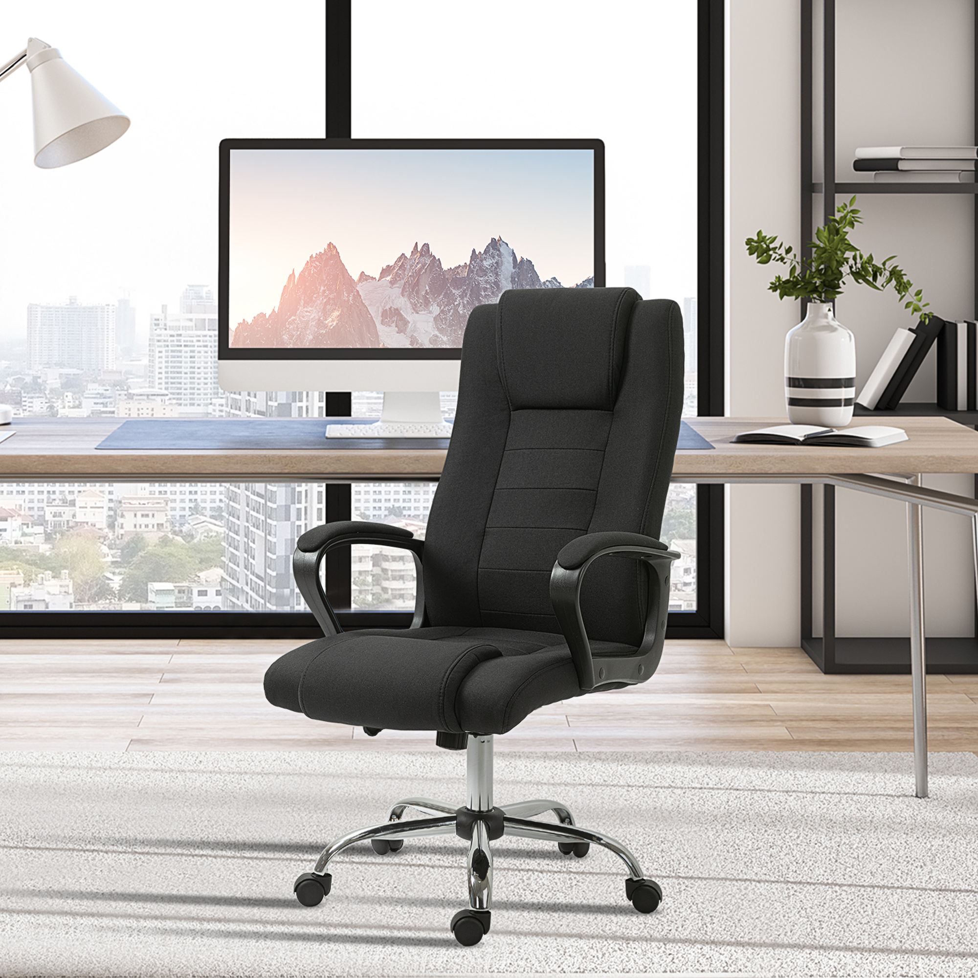 Bürostuhl Computerstuhl mit Wippenfunktion Kopfstütze ergonomischer Schreibtischstuhl drehbar höhenverstellbar Leinen-Touch Schwarz 62 x 76 x 110-119 cm