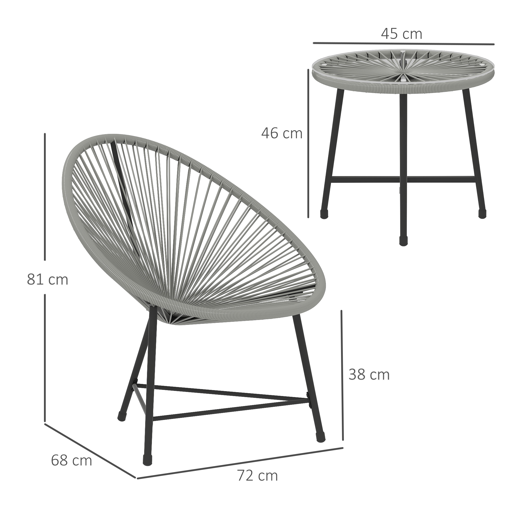 3-teiliges Gartenmöbel-Set, 2 Kunststoffrattan-Stühle, 1 Tisch mit Glasplatte, Stahlrahmen, Outdoor-Sitzmöbel, Grau