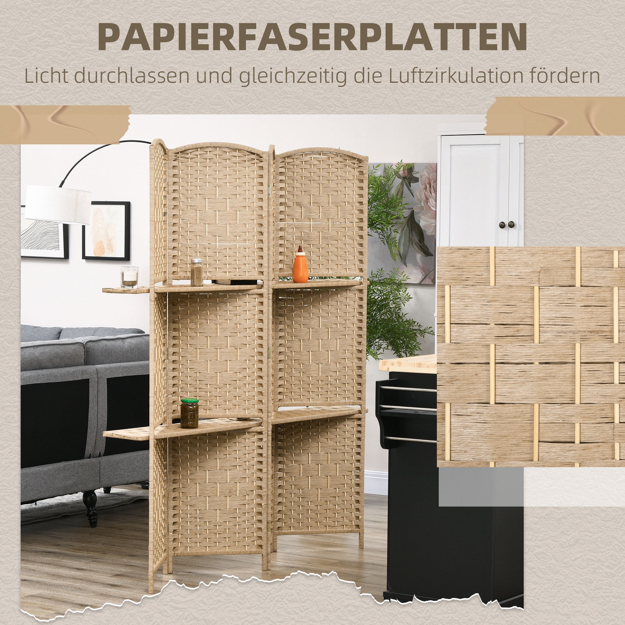 4-teiliger Paravent, 160 x 170 cm, faltbare Trennwand mit 2 Regalen, Naturholz