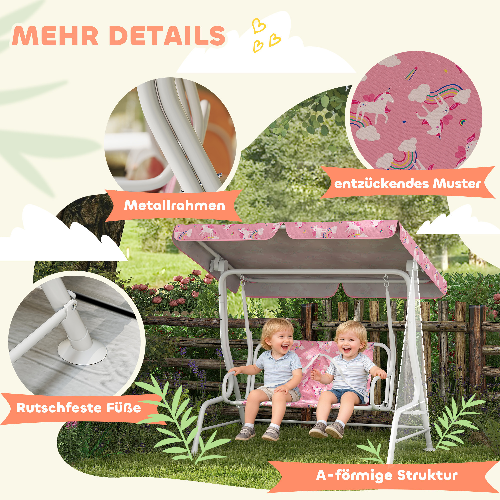 2-Sitzer Kinder Hollywoodschaukel mit verstellbarem Sonnendach, Sicherheitsgurt, für 3-6 Jahre Kinder bis 60 kg Rosa