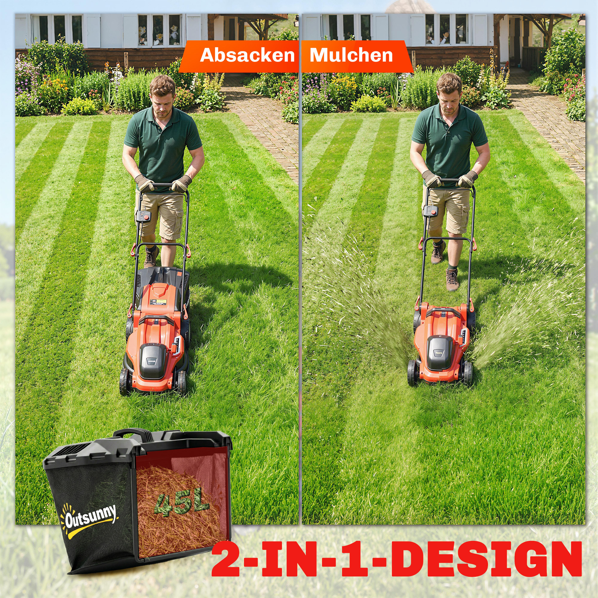 Elektro Rasenmäher 800 W mit 40 cm Schnittbreite 45L Fangkorb Akkuanzeige Überlastschutz 7 Schnitthöhen