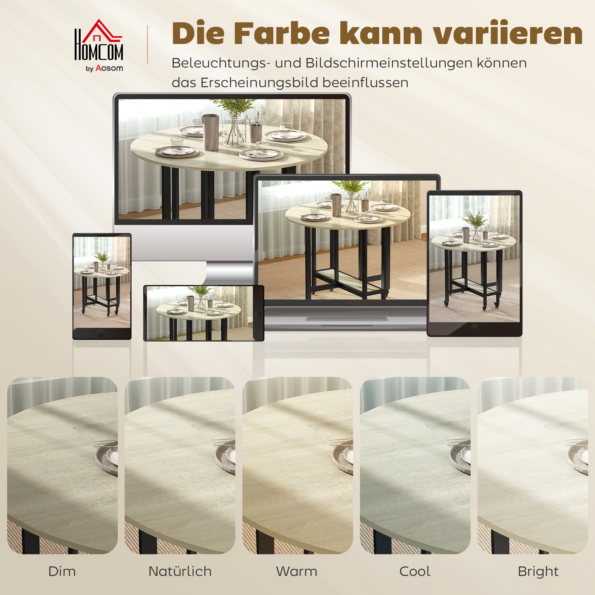 Klapptisch, Tisch mit Klappfunktion und offener Ablage, Rollbarer Küchentisch für Esszimmer, kleine Räume, Natur