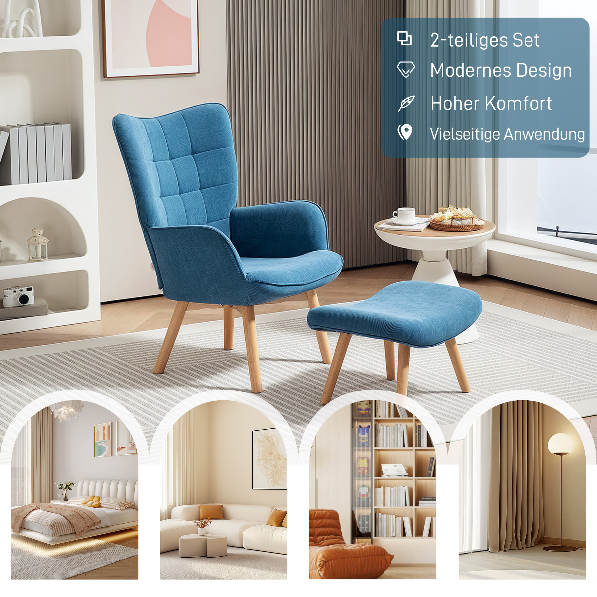 Akzentsessel mit Hocker, Relaxsessel in Cord-Optik, Armlehnstuhl mit Holzbeinen, für Wohnzimmer, Blau