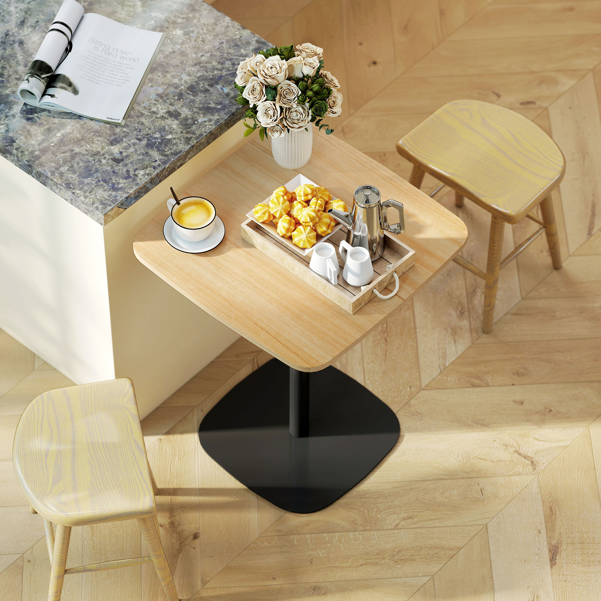 Kleiner Esstisch, 60 cm, quadratisch, MDF-Tischplatte, Stahlsockel, für Wohnzimmer, Esszimmer, Küche, Naturholz+Schwarz