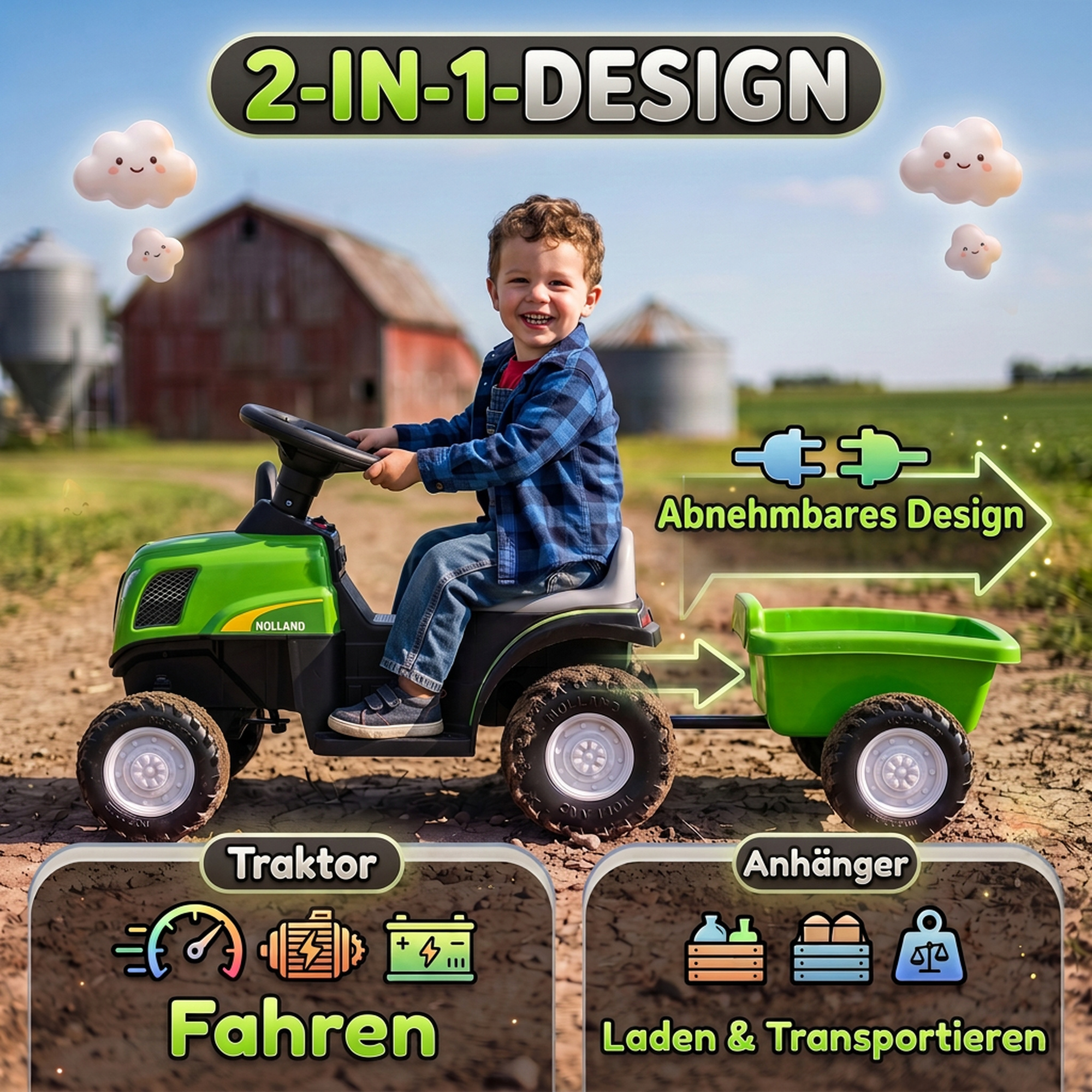 Kinder Traktor mit abnehmbar Anhänger Aufsitztraktor mit Lithium-Akku Fußpedal, Musik, Hupe Licht, Grün