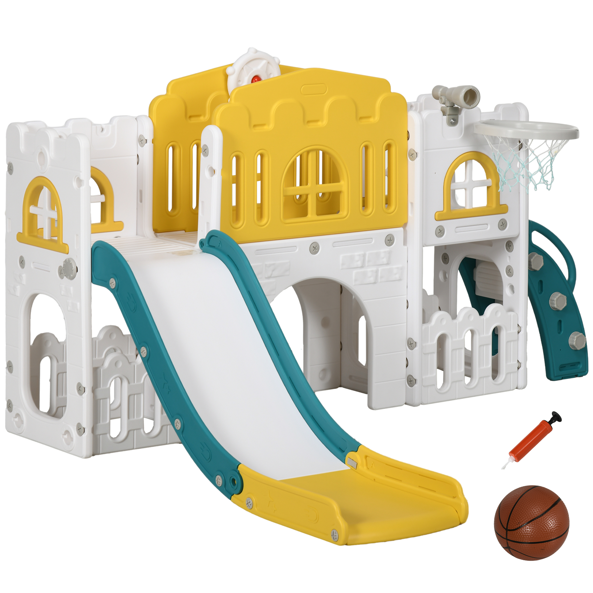 Kinderrutsche, 7-in-1 Spielgerüst, mit Basketball & Lenkrad, für 1-3 Jahre, 178x177x99cm, Gelb/Weiß/Grün Kinderrutsche, 7-in-1 Spielgerüst, mit Basketball & Lenkrad, für 1-3 Jahre, 178x177x99cm, Gelb/Weiß/Grün