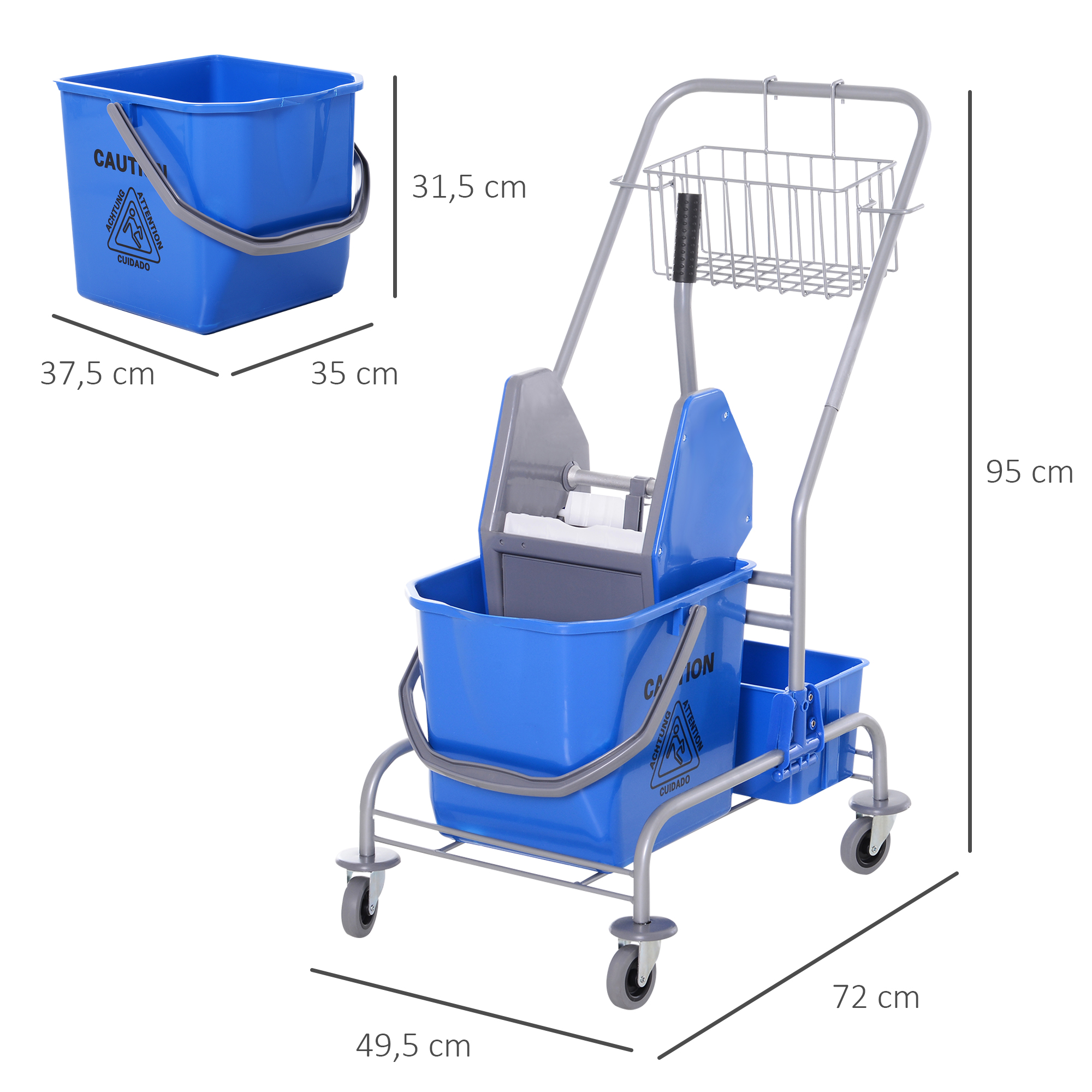 Reinigungswagen, Moppwagen, 25 L Fassungsvermögen, 4 Räder, Kunststoff, Blau
