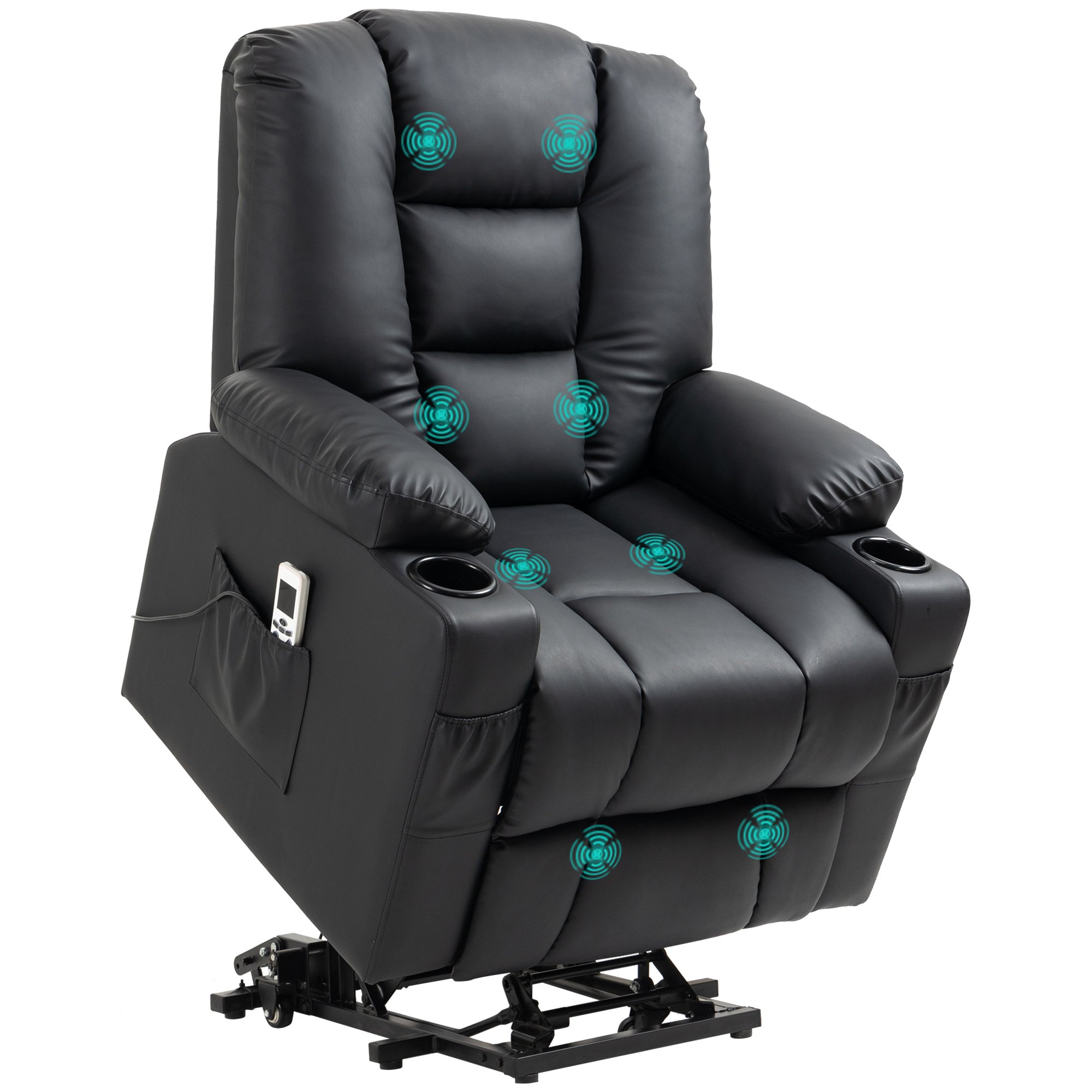 Relaxsessel mit Aufstehhilfe, USB, Massagefunktion, Kunstleder, bis 150 kg, 90x98x102 cm, Schwarz