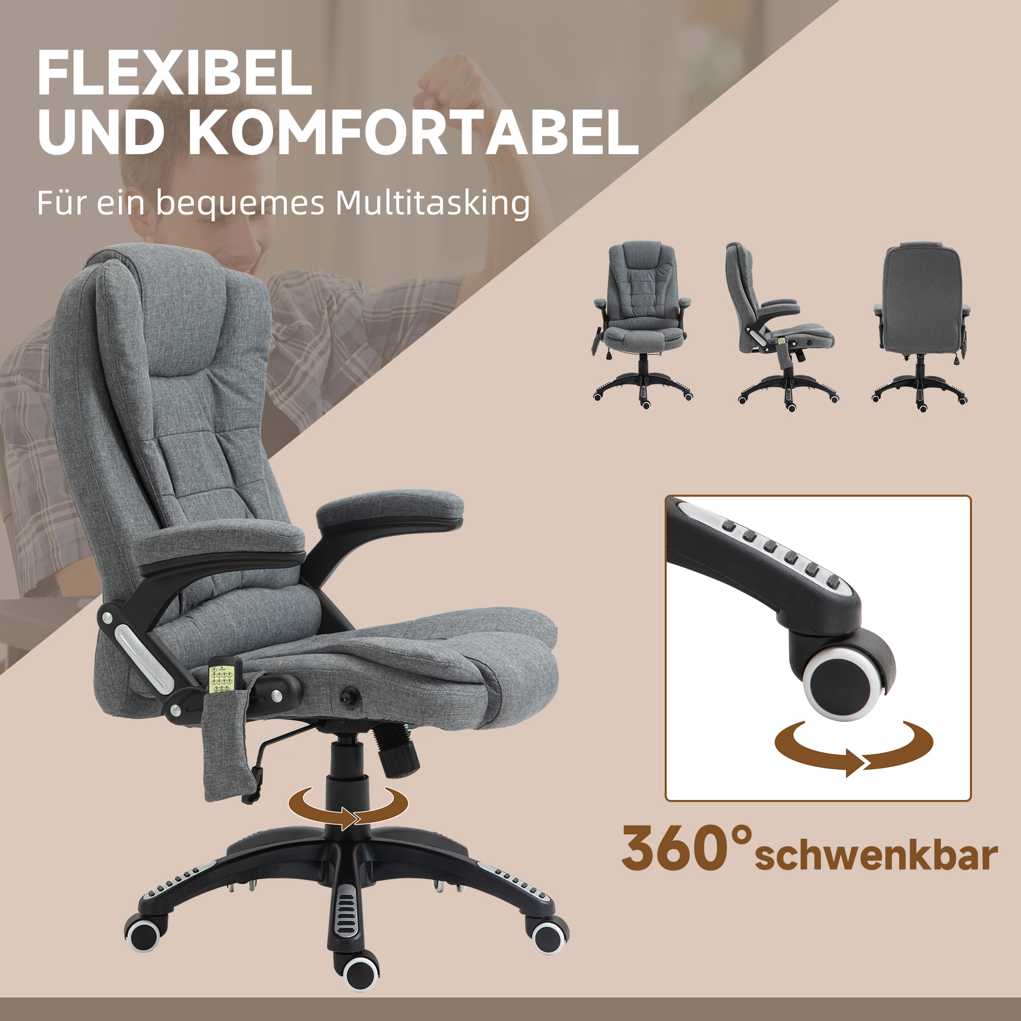 Bürostuhl  Massagesessel mit Wärmefunktion, Ergonomischer Chefsessel, Höhenverstellbarer Drehstuhl, Gamingstuhl mit Massage, Dunkelgrau, 68 x 72 x 110-120 cm