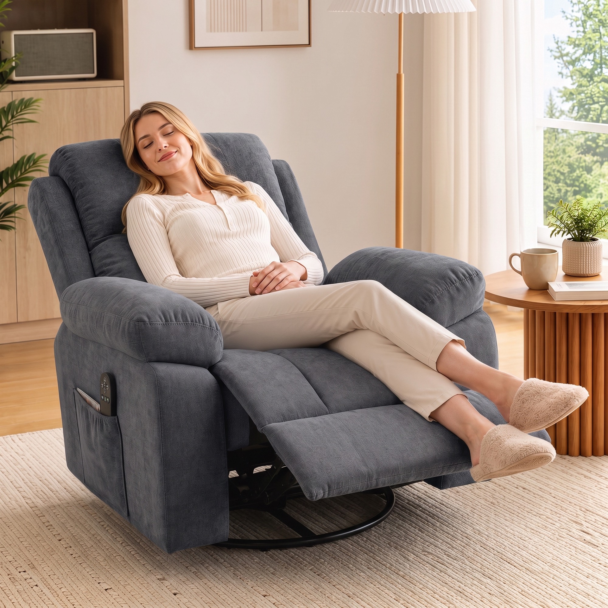 Relaxsessel Fernsehsessel 360° Drehbarer Massagesessel mit Wärme, Massage, Chenille-Optik, Dunkelgrau