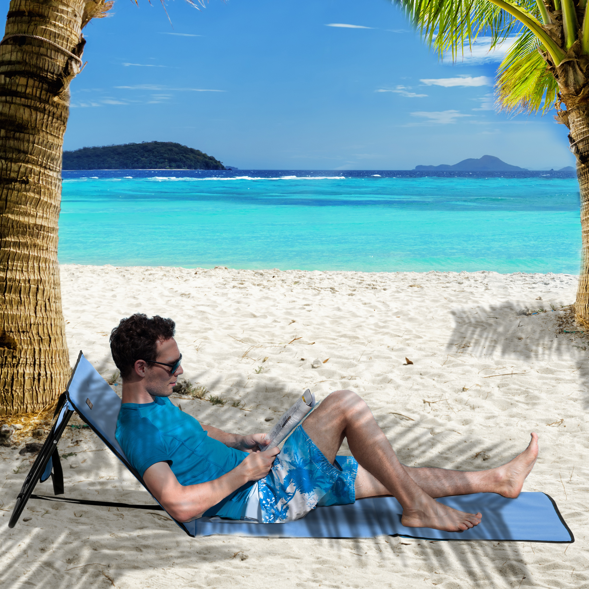 Strandliege, klappbar, verstellbare Rücklehne, Seitentasche, weiche Polsterung, Stahlrahmen, Blau, 142x51x40cm