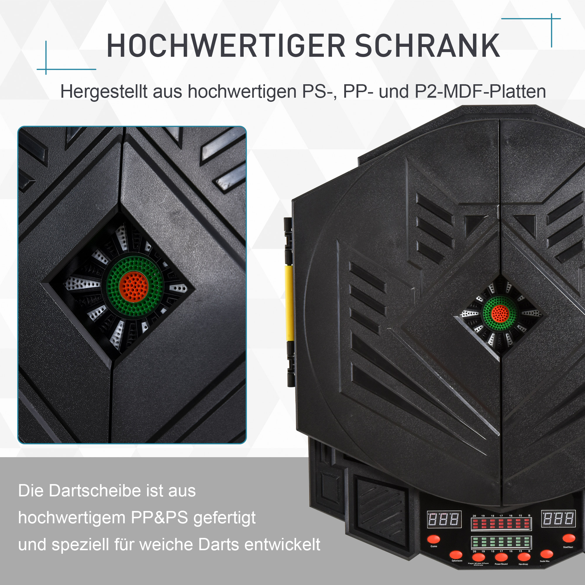 elektronische Dartscheibe Dartboard mit Sprachansagen Englische Stimme LED-Anzeigen 12 Darts 27 Spiele 216 Varianten Dartautomat mit Türen Dartscheibe Set für bis zu 8 Spieler