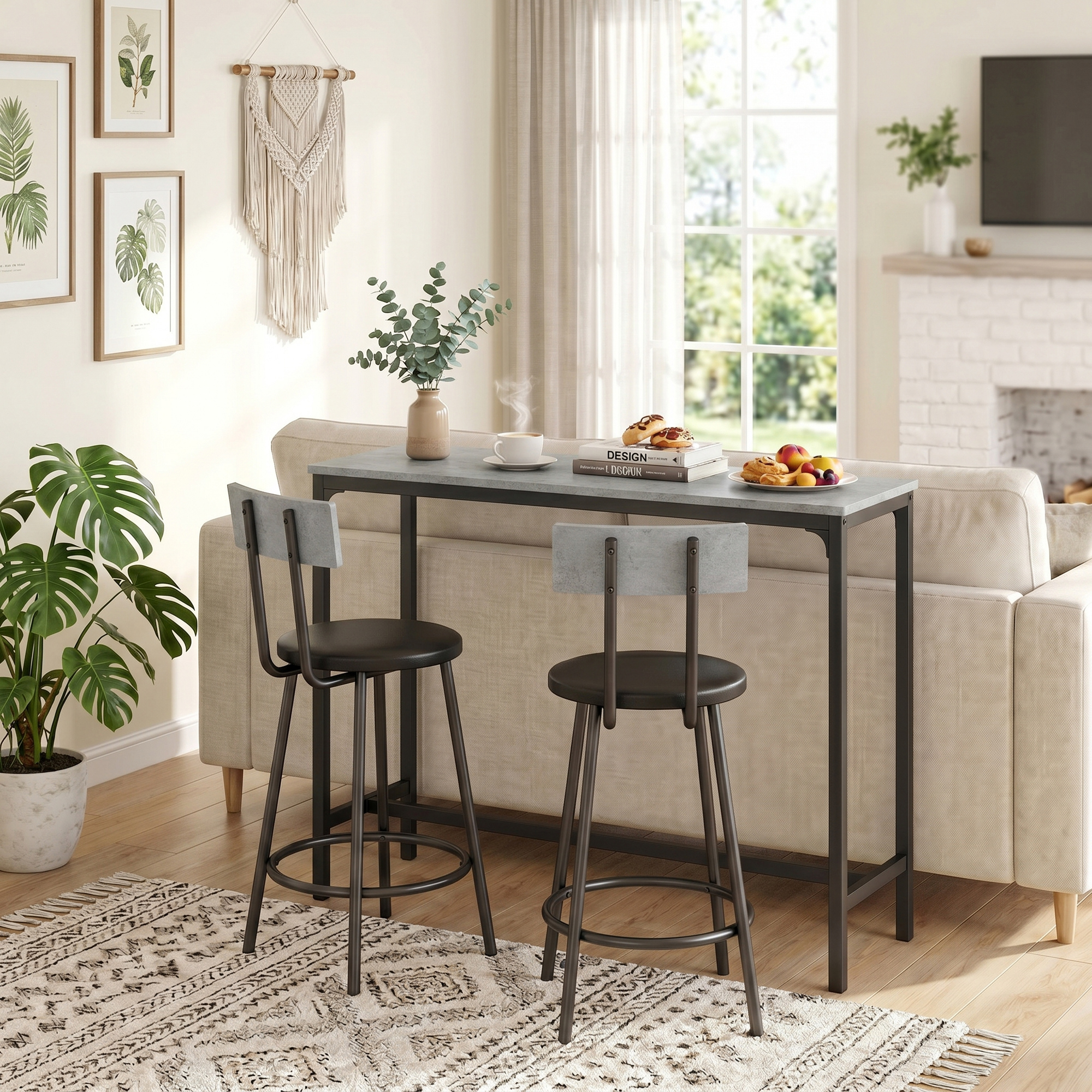 Bartisch mit Barhocker Set Tresentisch mit 2 gepolsterten Hockern mit Fußstütze für Esszimmer, kleinen Raum, Grau