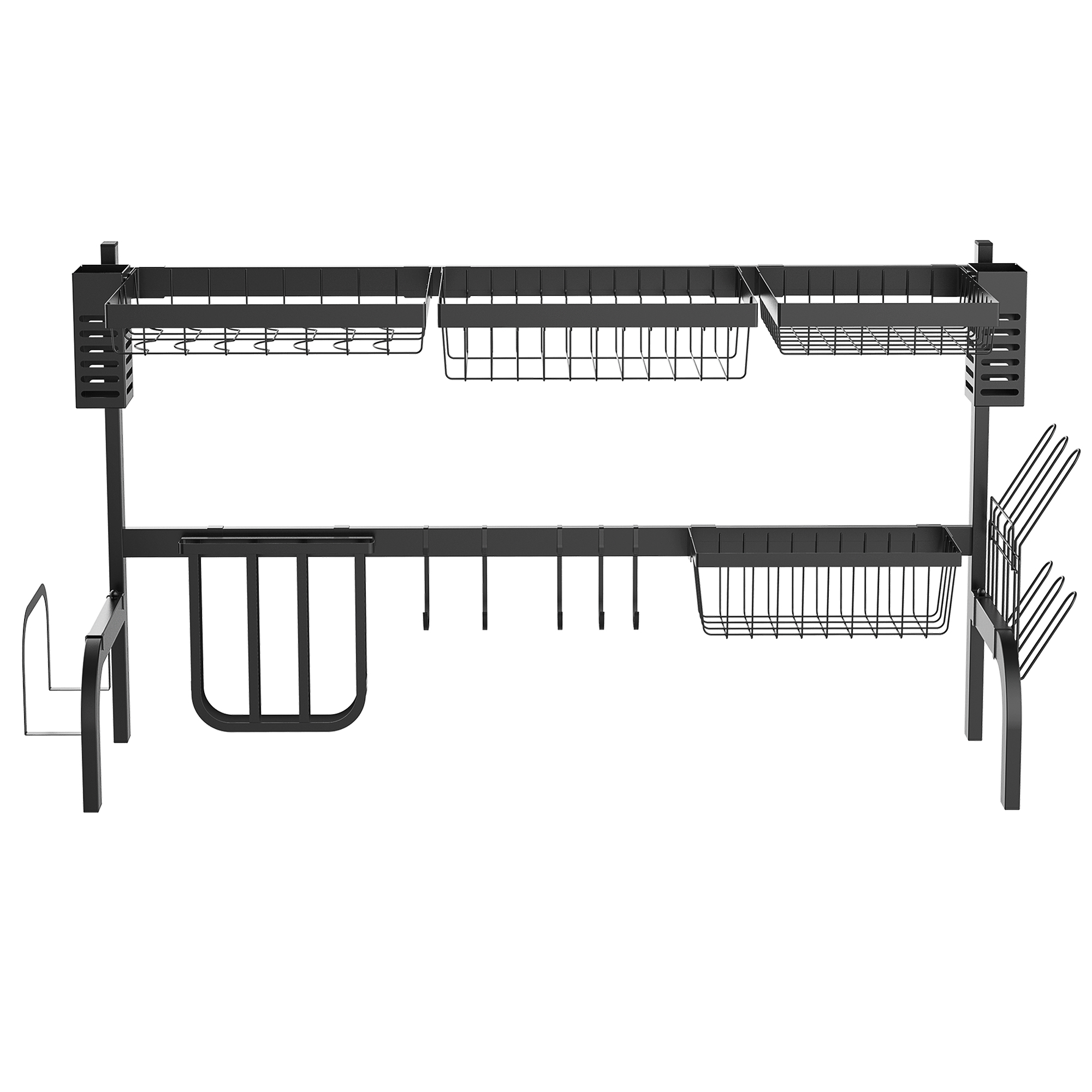 Abtropfgestell Geschirr, 2-stufiges Abtropfständer mit Haken, Tellerregal, Zubehör, 100 cm Stahl, Schwarz Abtropfgestell Geschirr, 2-stufiges Abtropfständer mit Haken, Tellerregal, Zubehör, 100 cm Stahl, Schwarz