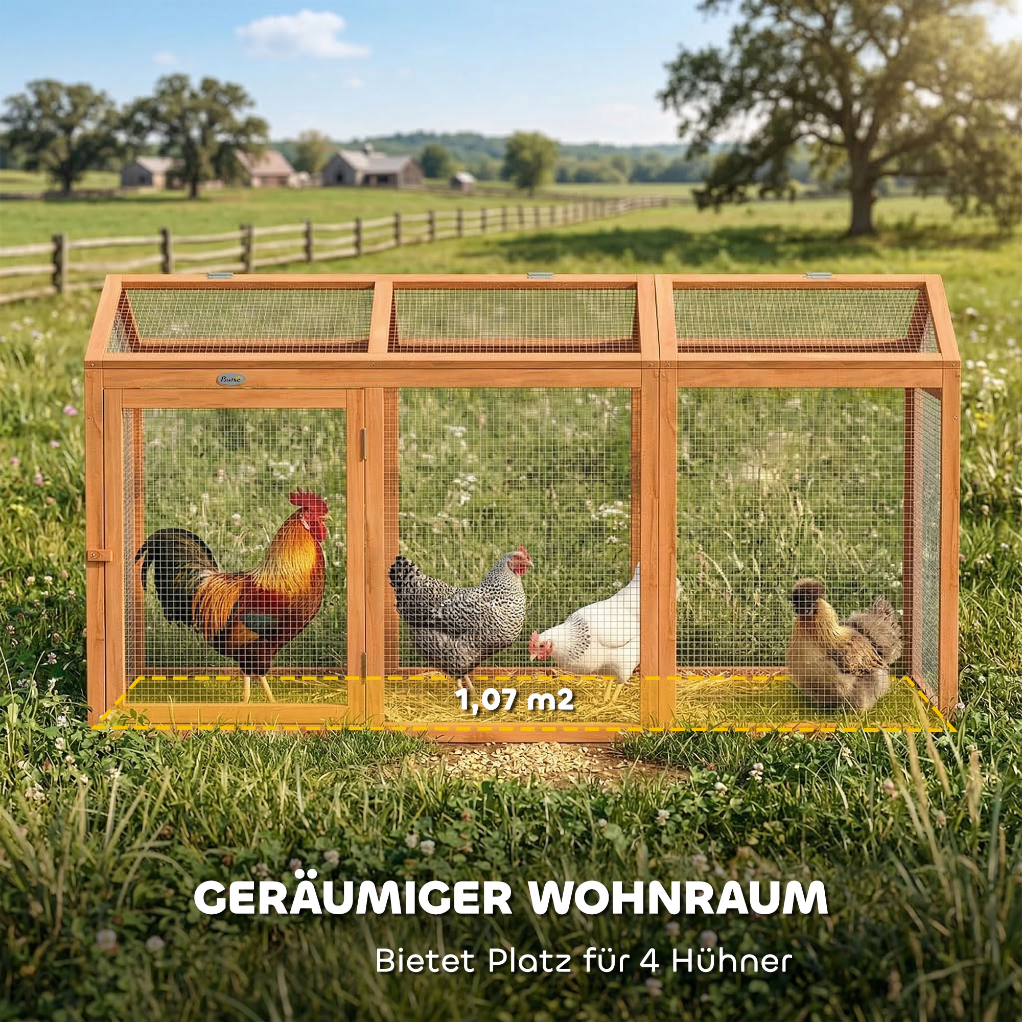 Hühnerstall Freilaufgehege mit Sitzstange Doppeltüren, aus Holz und Metall, für 4 Hühner, 156 x 70,5 x 84 cm Orange