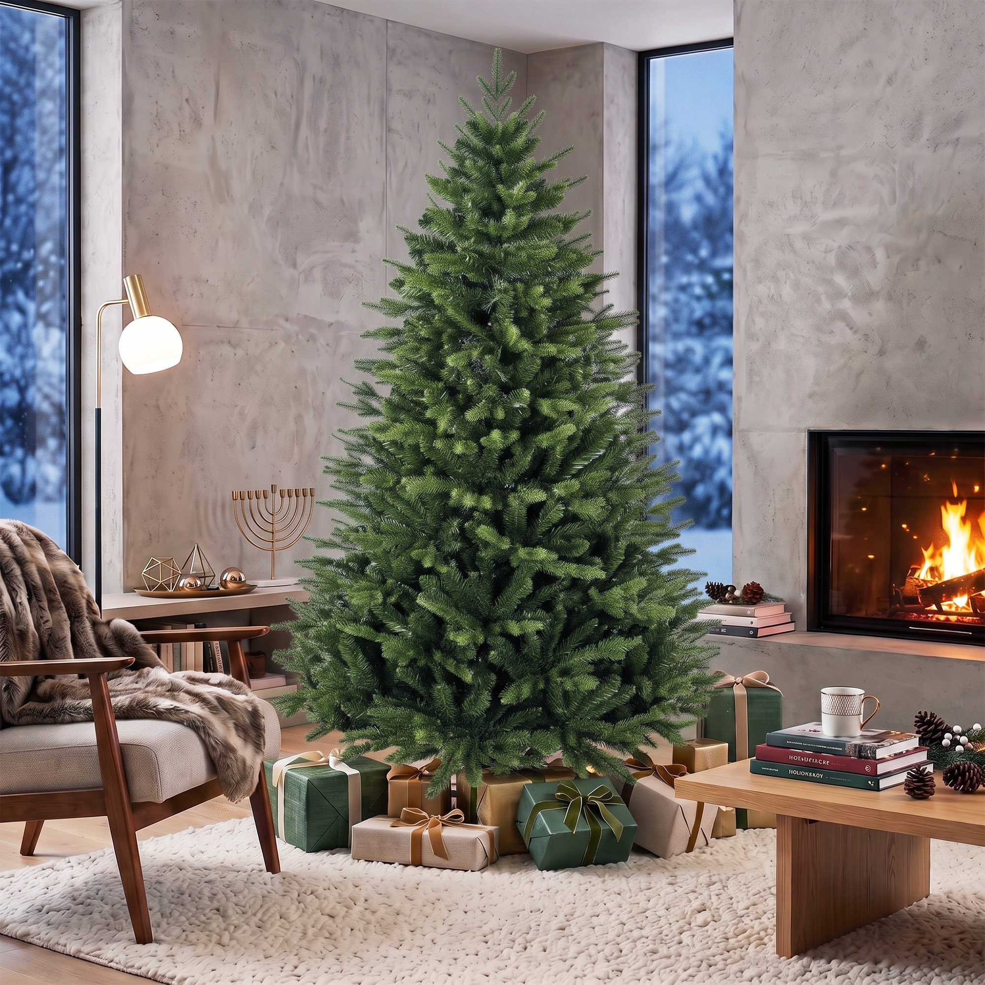 künstlicher Weihnachtsbaum 180 cm mit Kiefernholzständer, Nordic-Tanne mit Klappsystem, 889 Zweigspitzen, Grün