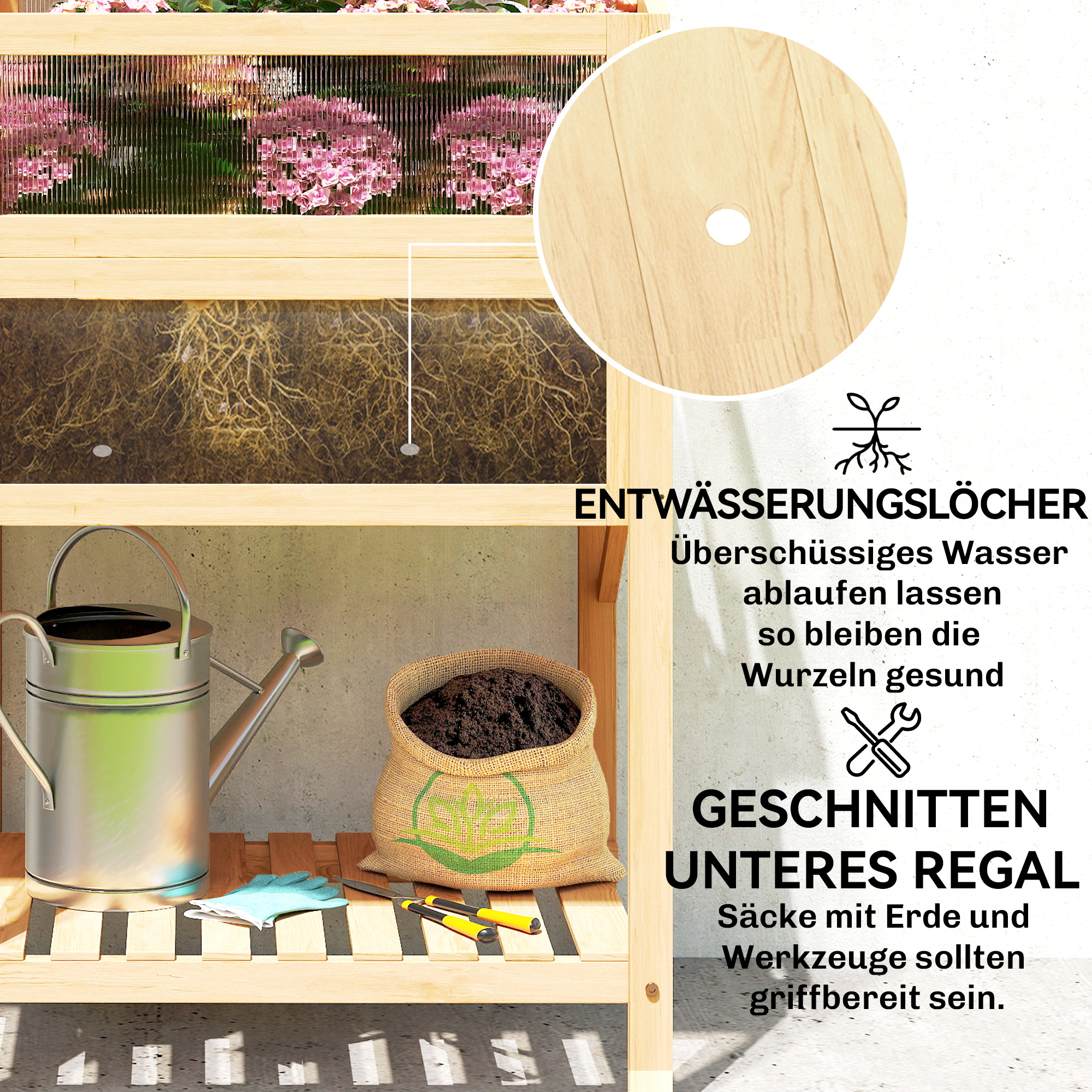 Hochbeet mit Frühbeetaufsatz aus Holz Pflanzkasten mit Gewächshaus klappbar Seitentisch Ablagefach Naturholz