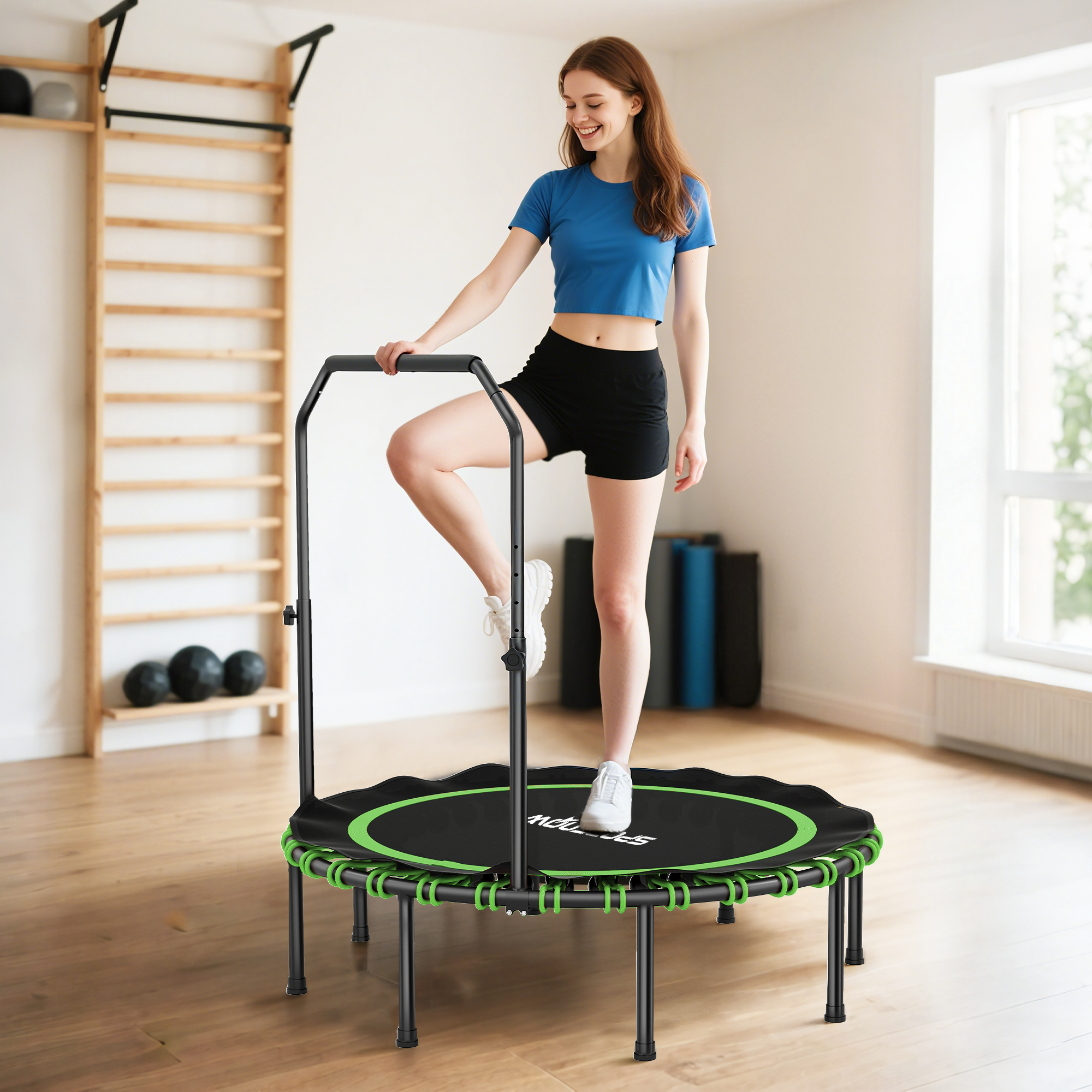 Fitness-Trampolin mit verstellbarem Handlauf, Sport-Trampolin für drinnen und draußen, Stahl, Kunststoff, Grün