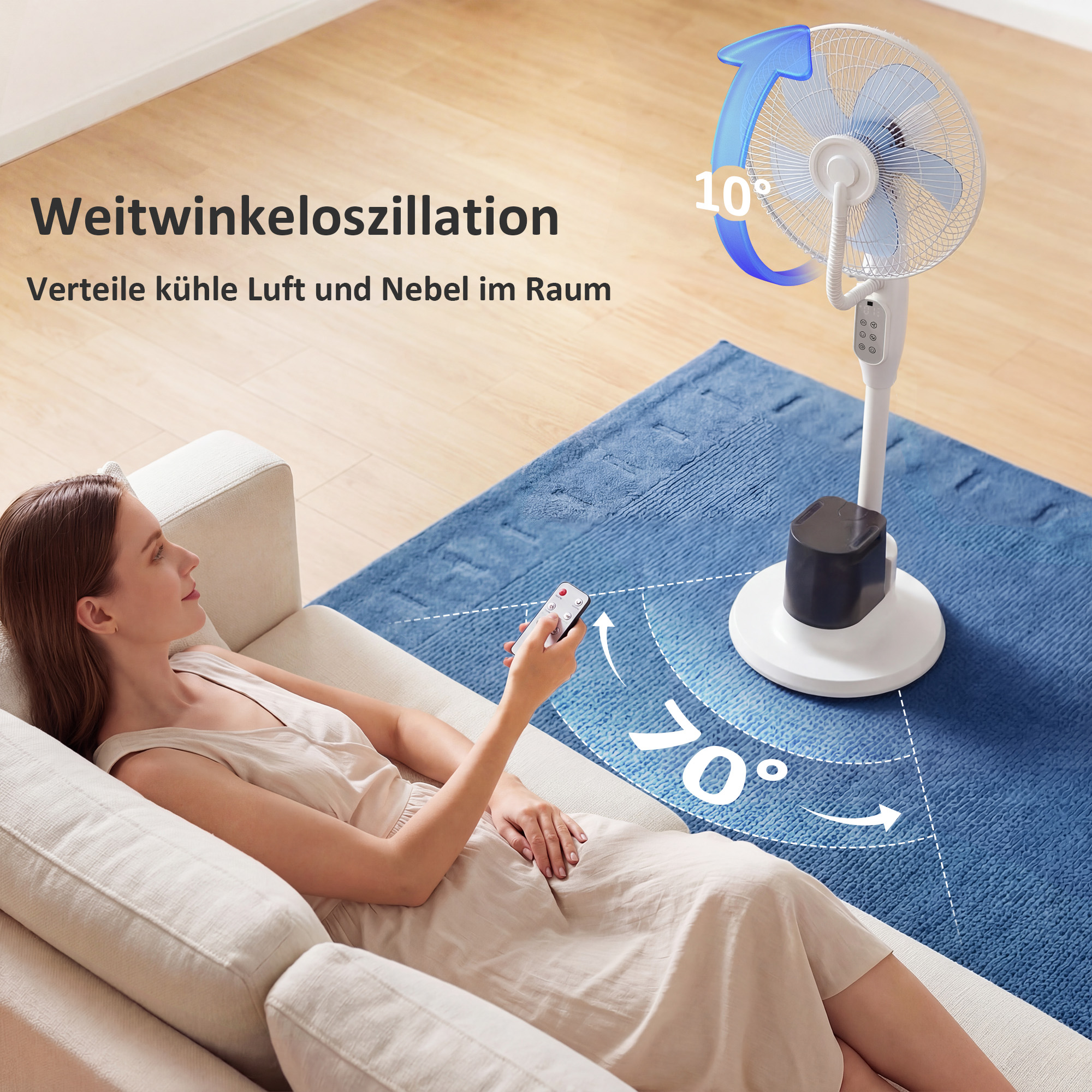 Stehventilator mit Sprühnebel, 70° Oszillation, 3 Geschwindigkeiten, 3 Modi, 3,5L Wassertank, Weiß