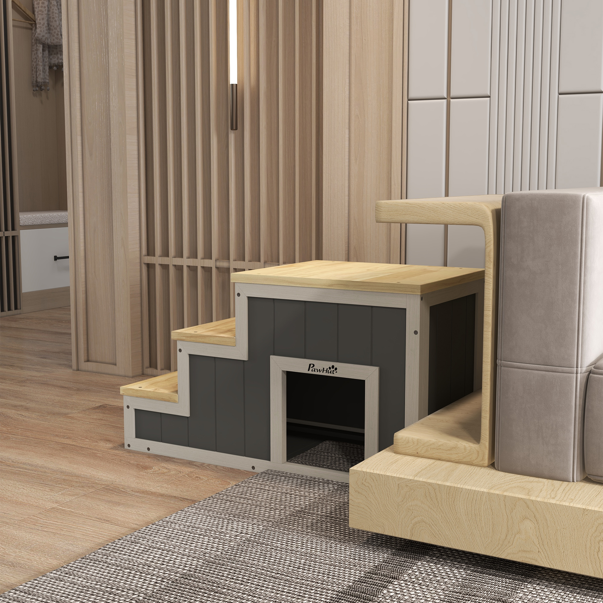 Haustiertreppe Hundetreppe, 3 Stufen, Kiefernholz, 79 cm x 38,5 cm x 45 cm, Natur + Weiß