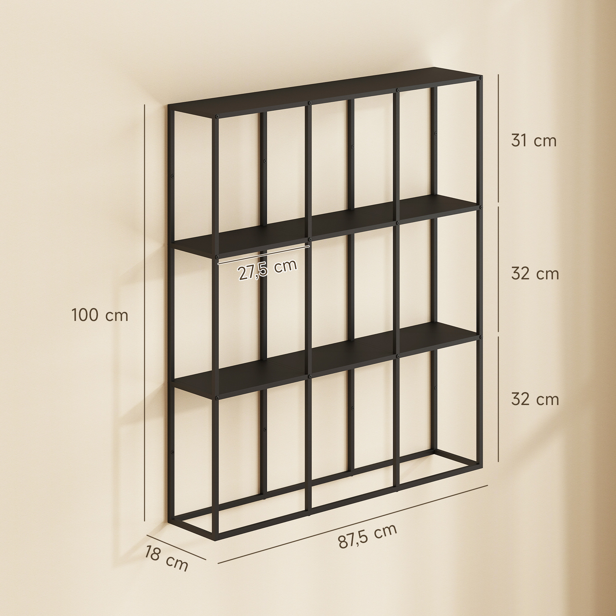 industrielles Wandregal mit 9 Fächern, Metallregal für Sammlerstücke, Ideal für Wohnkultur, Schwarz