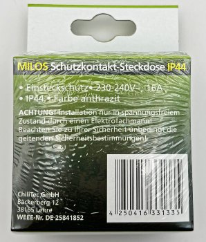 MILOS Schutzkontakt-Steckdose IP44 / 250V~/ 16A, inkl. Rahmen, UP, Anthrazit
