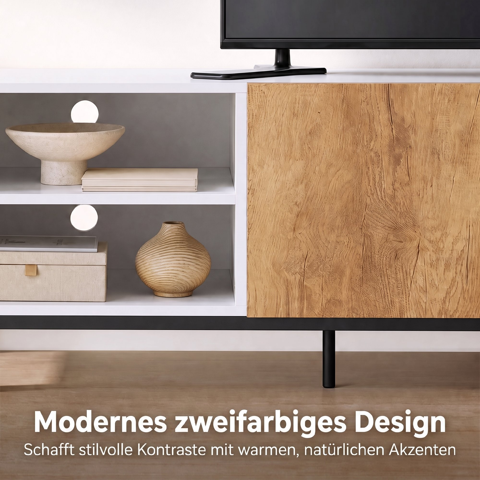 TV-Schrank für Fernseher bis 55 Zoll, modernes TV-Lowboard mit verstellbaren Einlegeböden, Weiß
