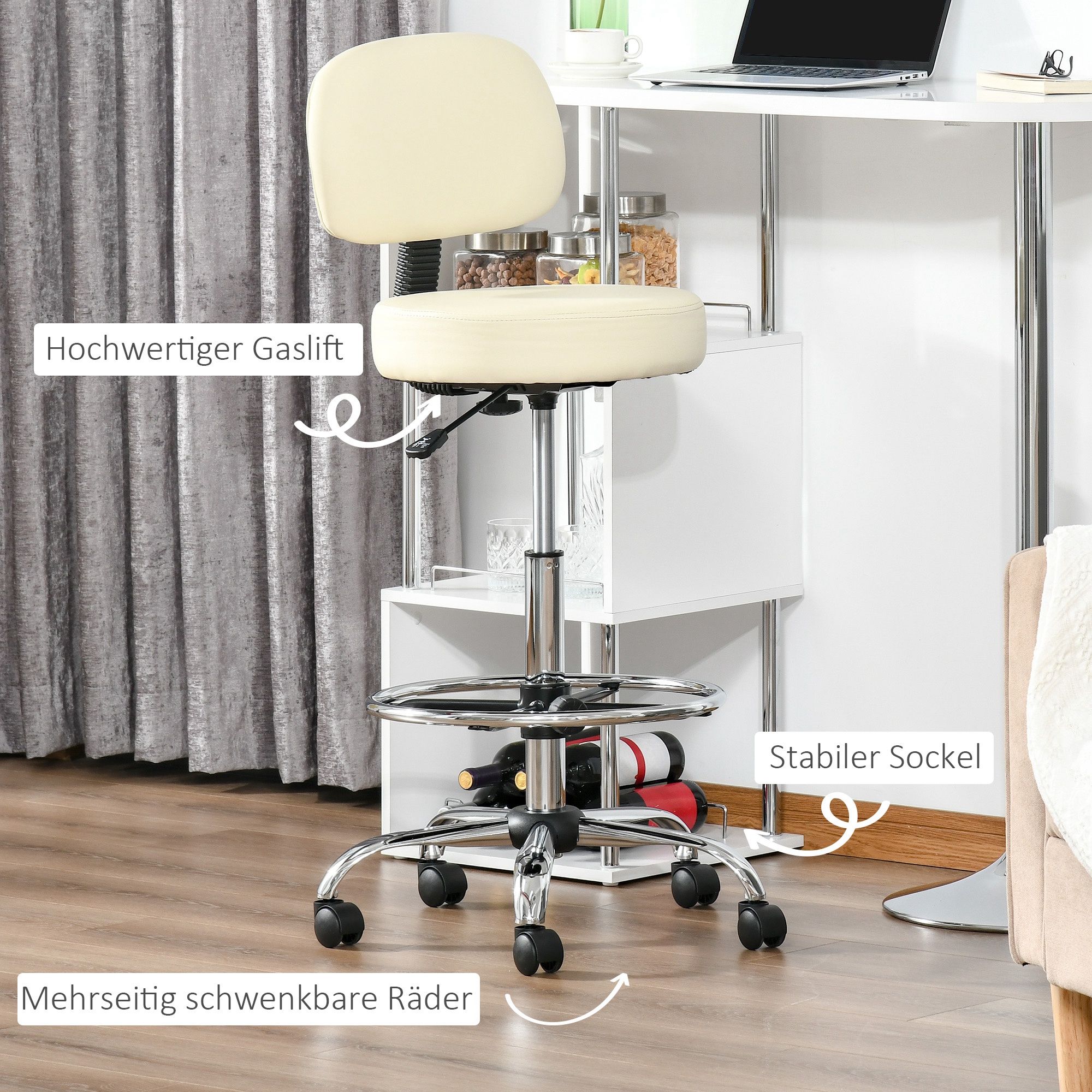 Barhocker Drehstuhl Höheverstellbarer Barstuhl mit Rollen aus Kunstleder-Leder Arbeitshocker Bürohocker 360° schwenkbar mit Lehne Gepolstertet Beige 56 x 57 x 104-127 cm