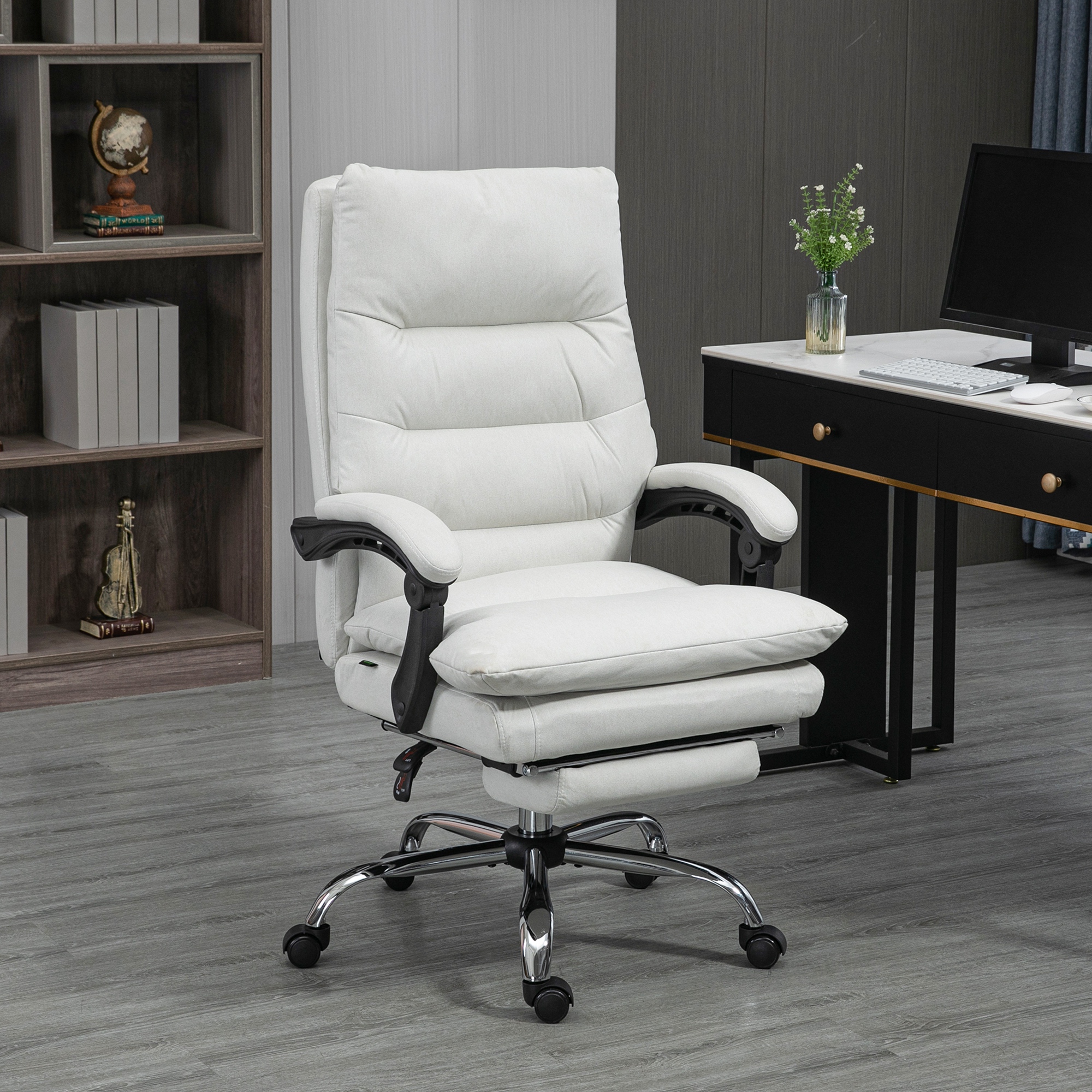 Bürostuhl mit Massagefunktion, beheizbar, neigbar, Kunstleder, 65x72x109-117cm, Cremeweiß