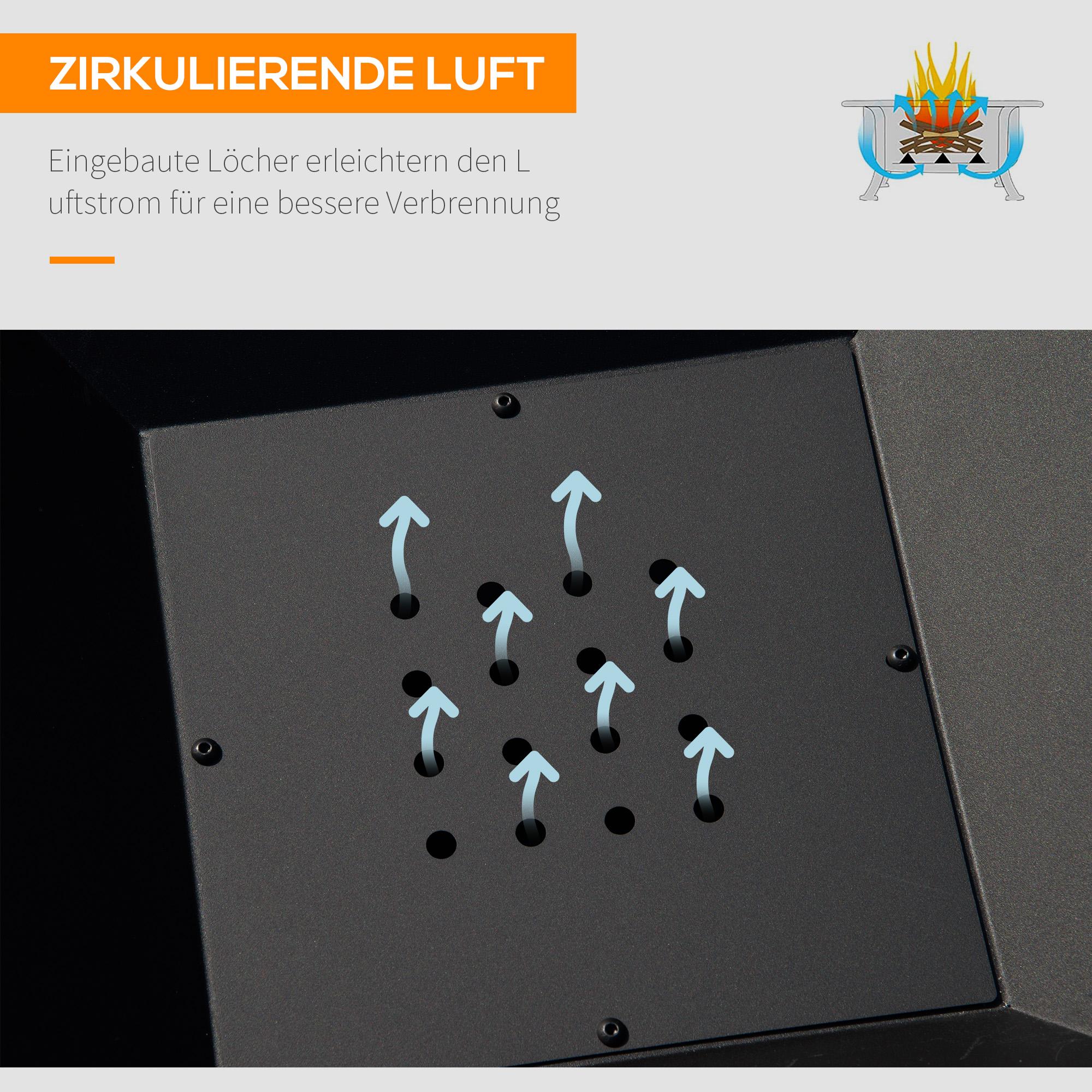 Feuerschale 45 x 45 x 34cm aus Edelstahl Feuerstelle mit Funkenschutz Schürhaken Feuerschalen Feuerkorb für Garten, Balkon, BBQ Camping Schwarz