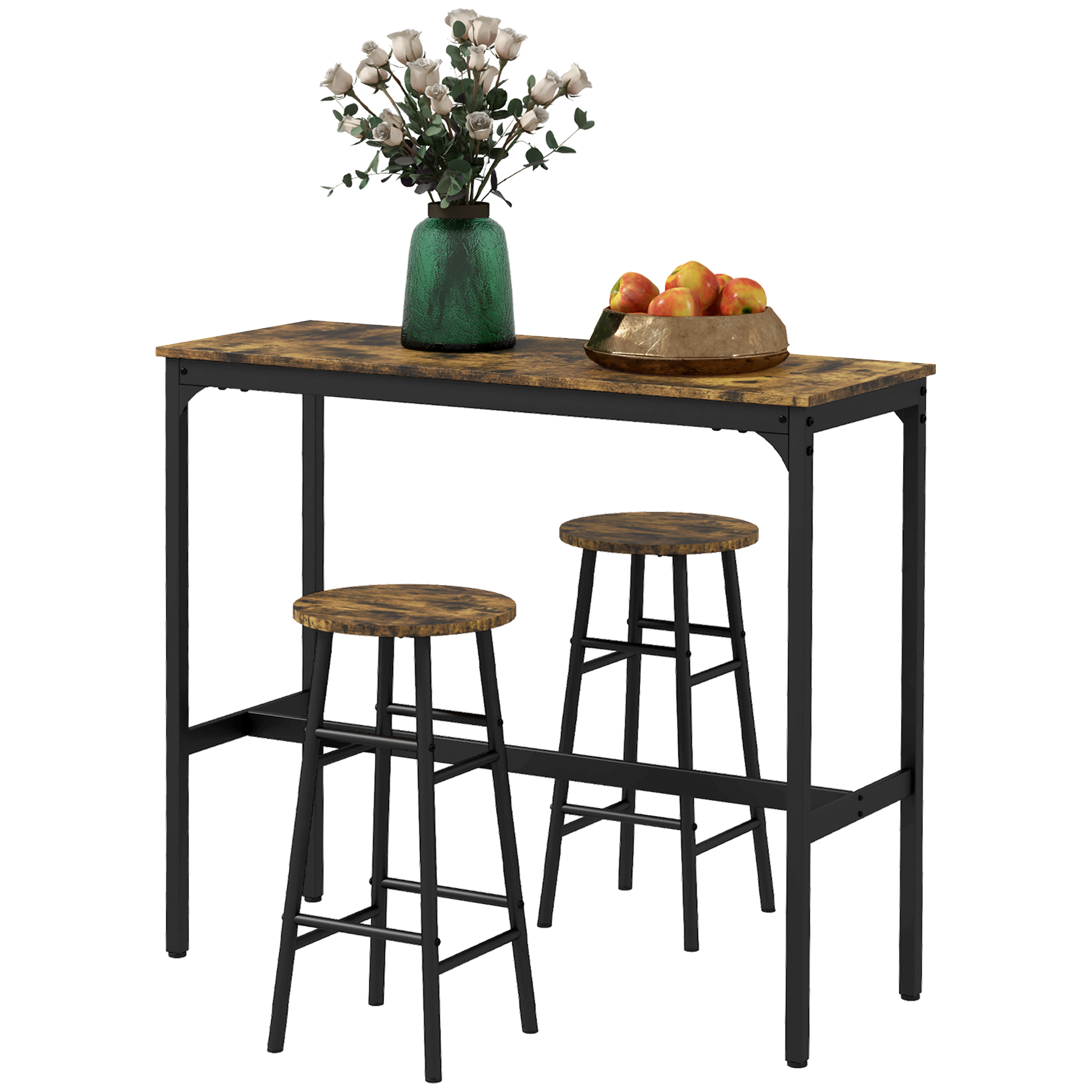 Bartisch mit 2 Stühlen im Industriedesign 2er-Set Barhocker mit Tisch, Industriedesign, 3-teilig, Braun + Schwarz Bartisch mit 2 Stühlen im Industriedesign 2er-Set Barhocker mit Tisch, Industriedesign, 3-teilig, Braun + Schwarz