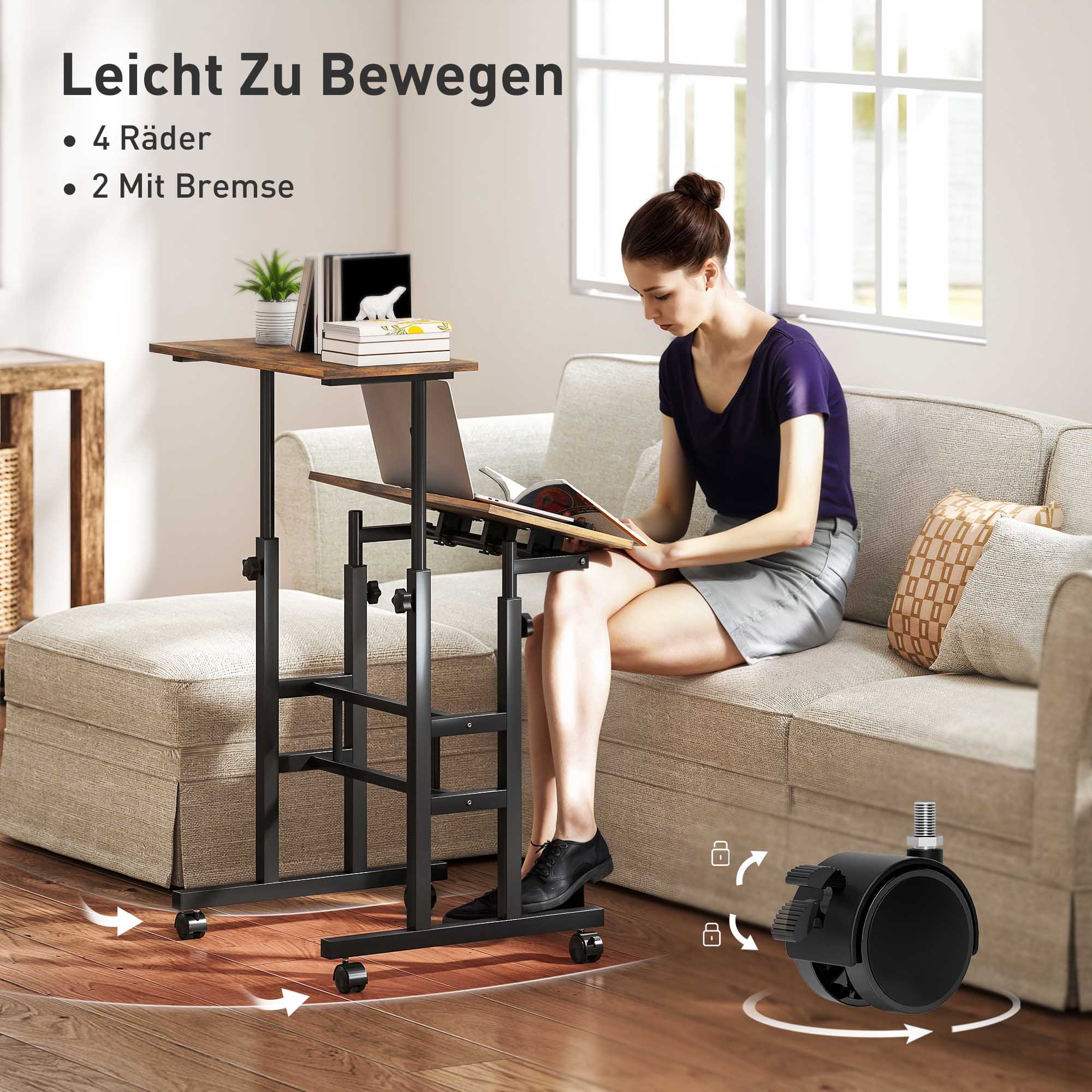 chreibtisch Höhenverstellbar Küchentisch mit Regal, Rollen, Computertisch Rustikal Braun 60 x 60 x 70,5-120 cm