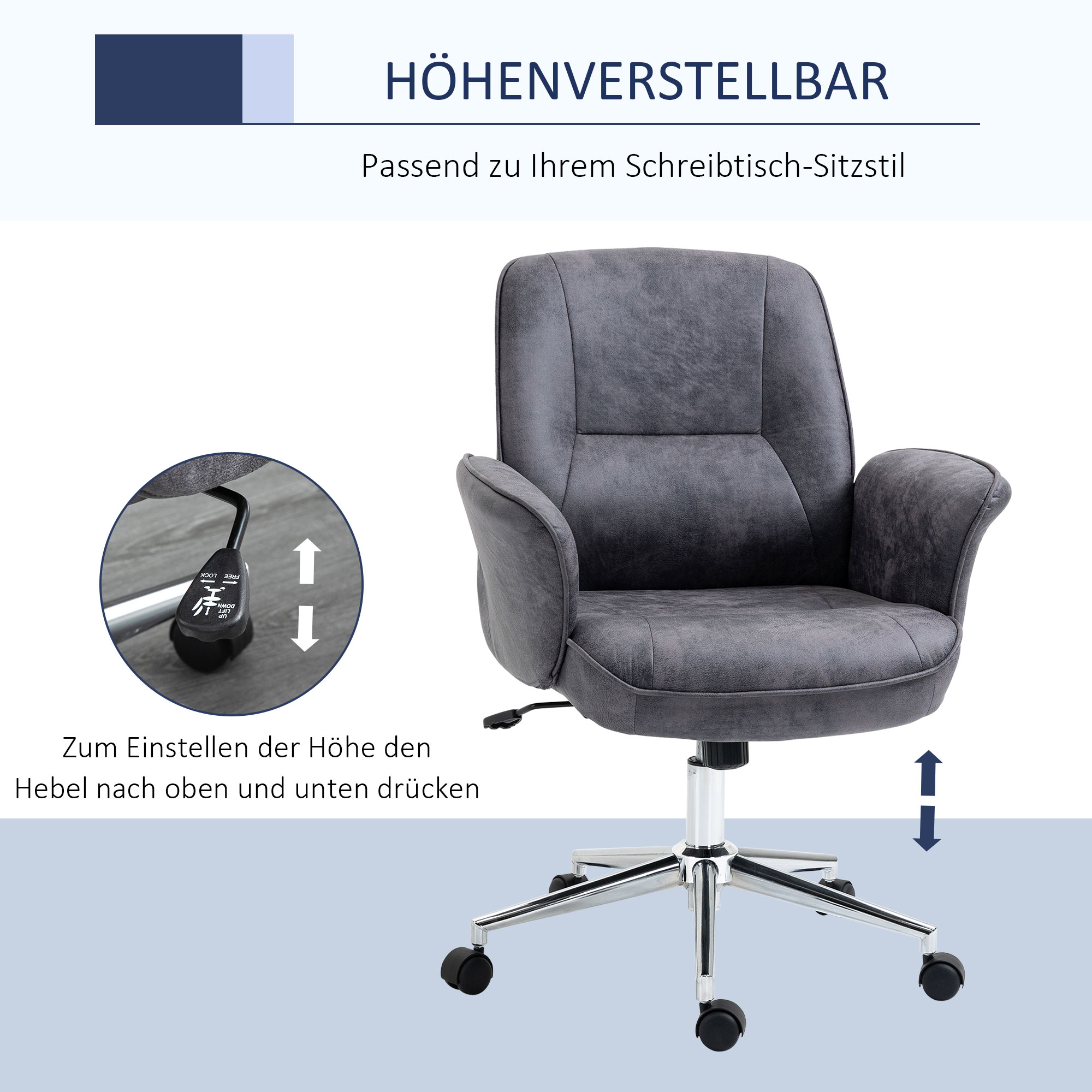 Bürostuhl, Schreibtischstuhl, höhenverstellbar, Wippfunktion, drehbar, Stahl, dunkelgrau, 67 x 69 x 102cm