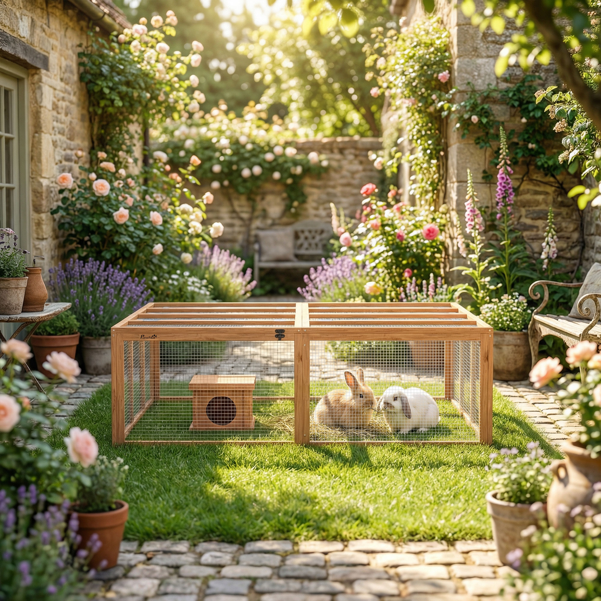 Freilaufgehege Kaninchenstall aus Holz mit 2 Türen Unterschlupfhaus für 2-4 Zwergkaninchen 180,4 x 150 x 48 cm Orange