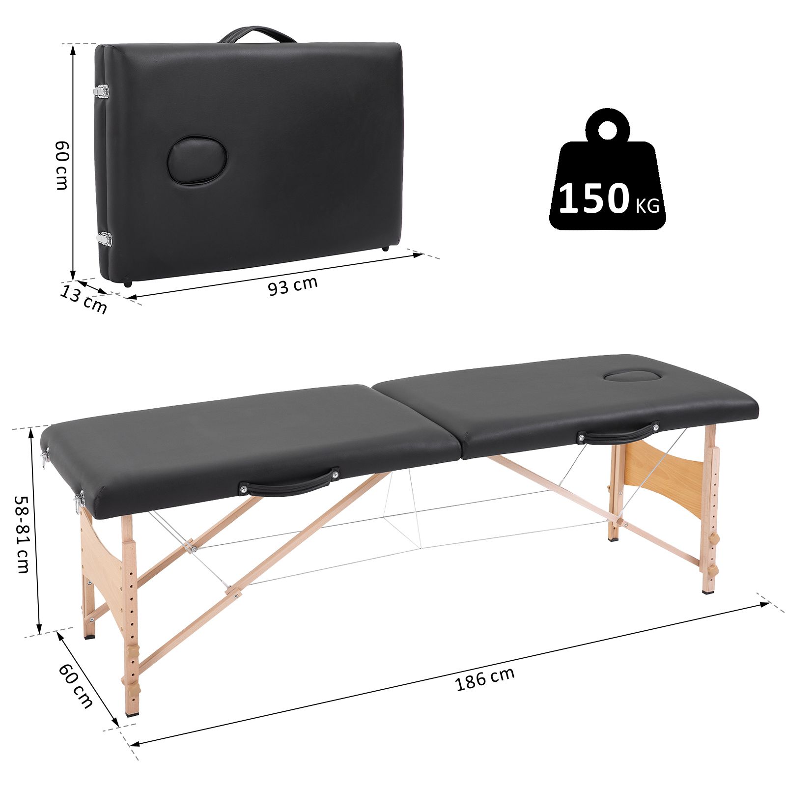 Massageliege 3 Zonen klappbar Massagetisch mit Kopfstütze Armlehne Tragetasche Holzfüßen höhenverstellbare Massagebett tragbar Kosmetikliege für Tattoo Spa Salon Schwarz