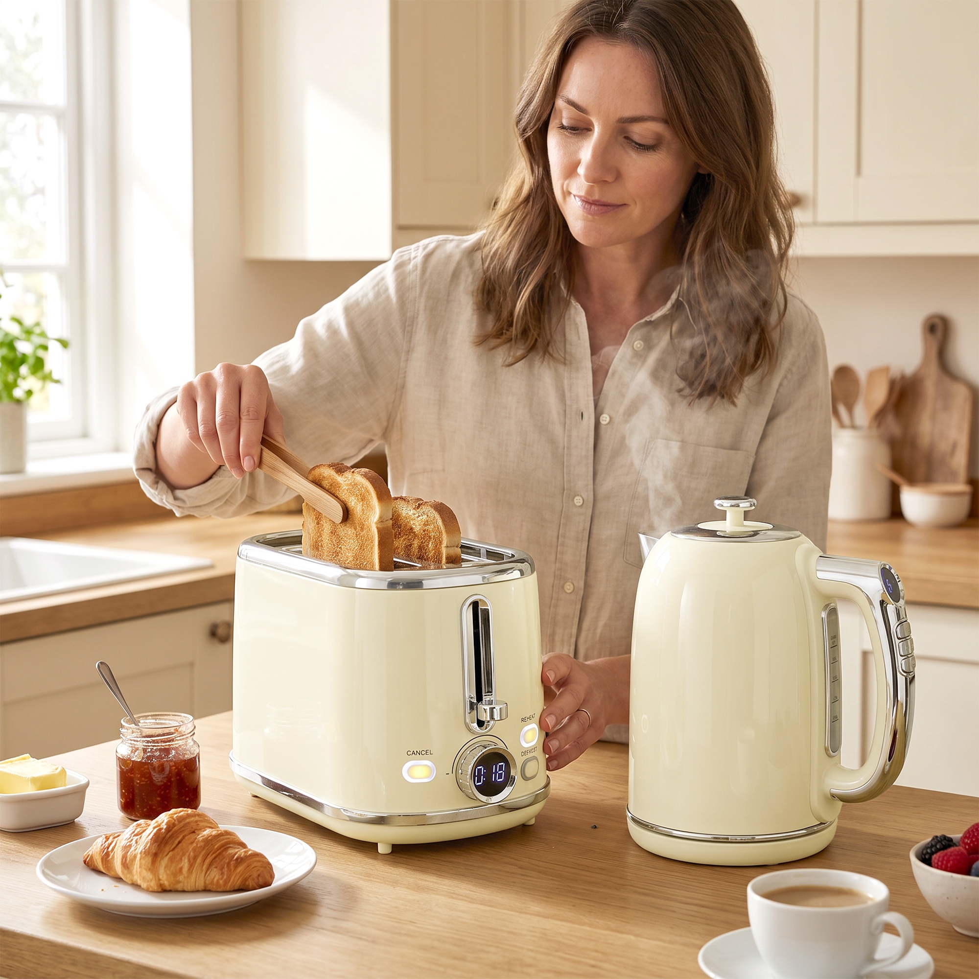 Wasserkocher- und Toaster-Set mit LED-Display, 1,7-L-Wasserkocher mit 3 Std. Warmhaltefunktion, Creme