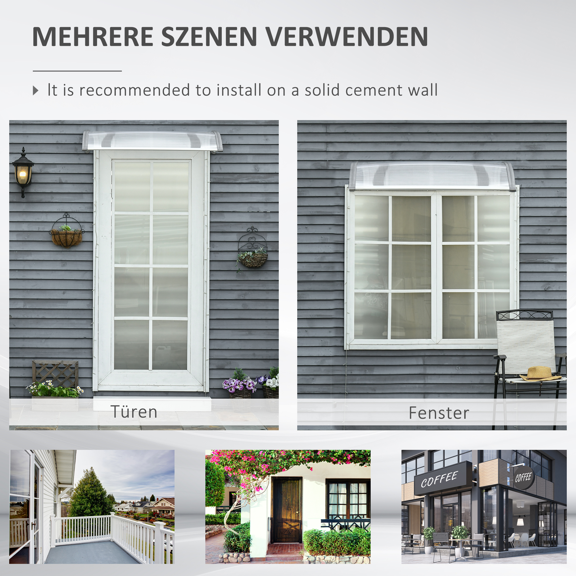 Türüberdachung, Schutz vor Regen, Wind und Hagel, Polycarbonat, Aluminium-Verbindungstangen, 110 x 60 x 18 cm, Grau