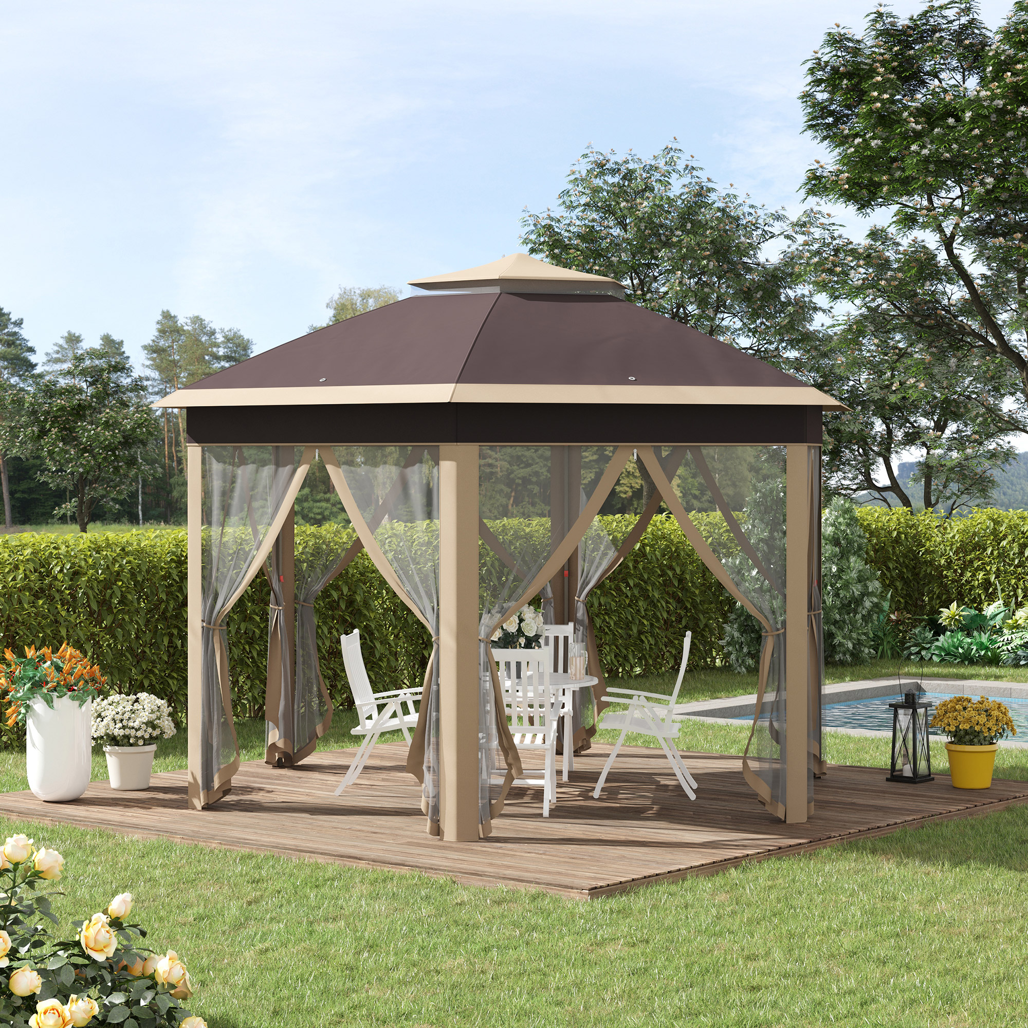 Gartenpavillon Faltpavillon 4 x 4 m Pop-Up-Zelt Partyzelt inkl. Tragetasche 6 Seitenteile Doppeldach sechseckig Khaki