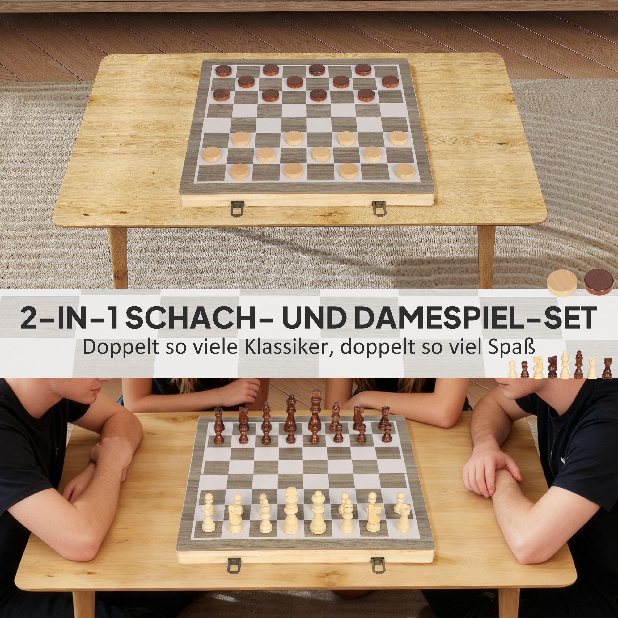 faltbares Spiele-Set, Schach und Dame, kompakter Koffer, Walnuss, Zubehör