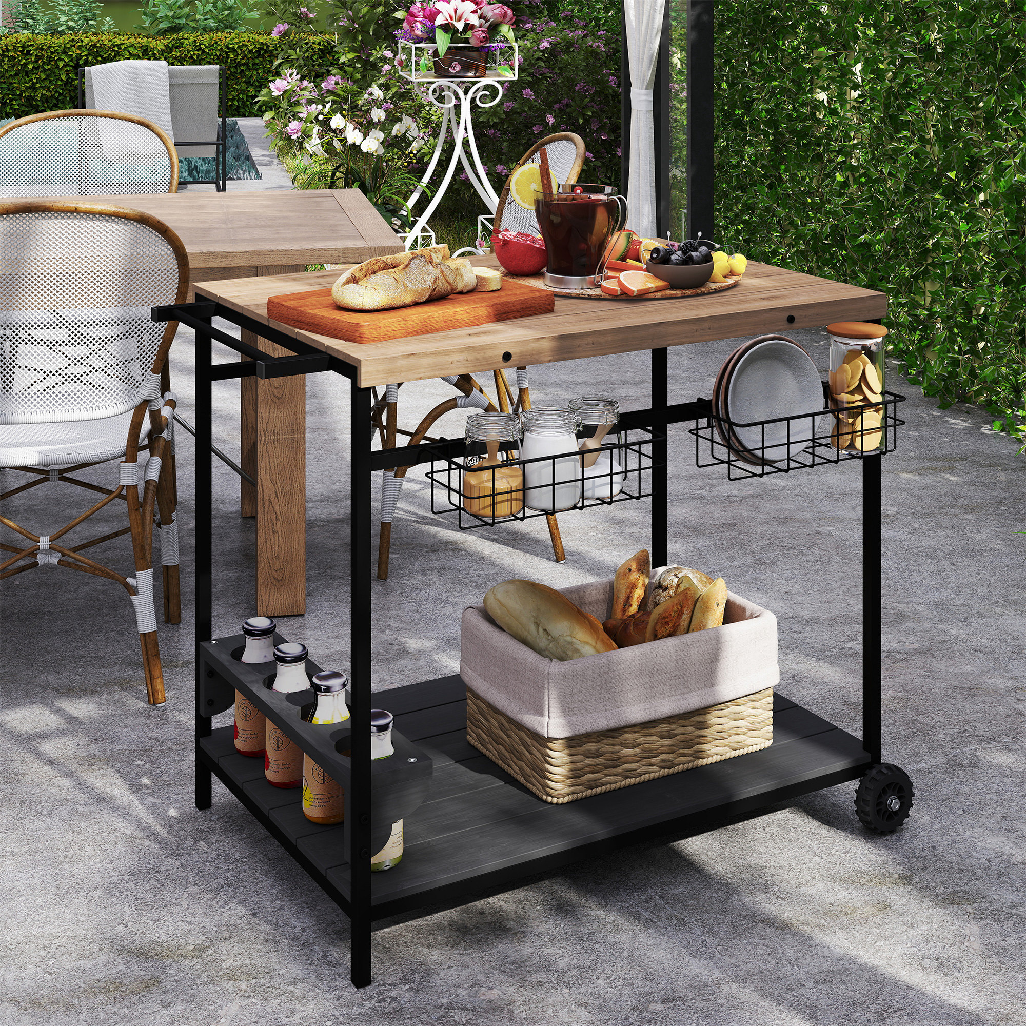 Servierwagen, Küchenwagen, 2 Etagen, 4 Flaschenhalter, In/Outdoor, Natur/Schwarz