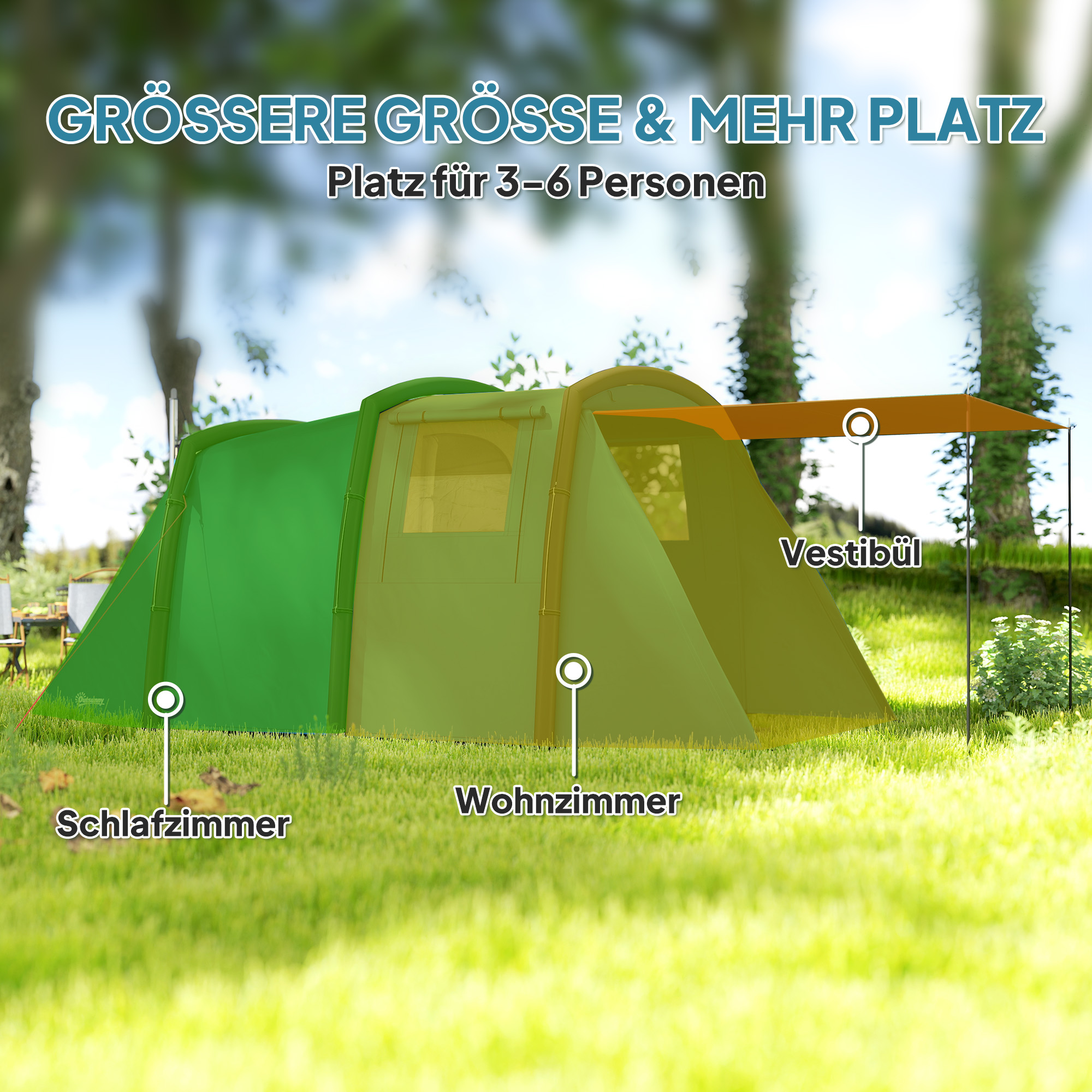 Aufblasbares Campingzelt 3-6 Personen Outdoor Tunnelzelt mit Seitenfenstern Tür Luftträger 4,4 x 2,8 x 1,95 m Blau