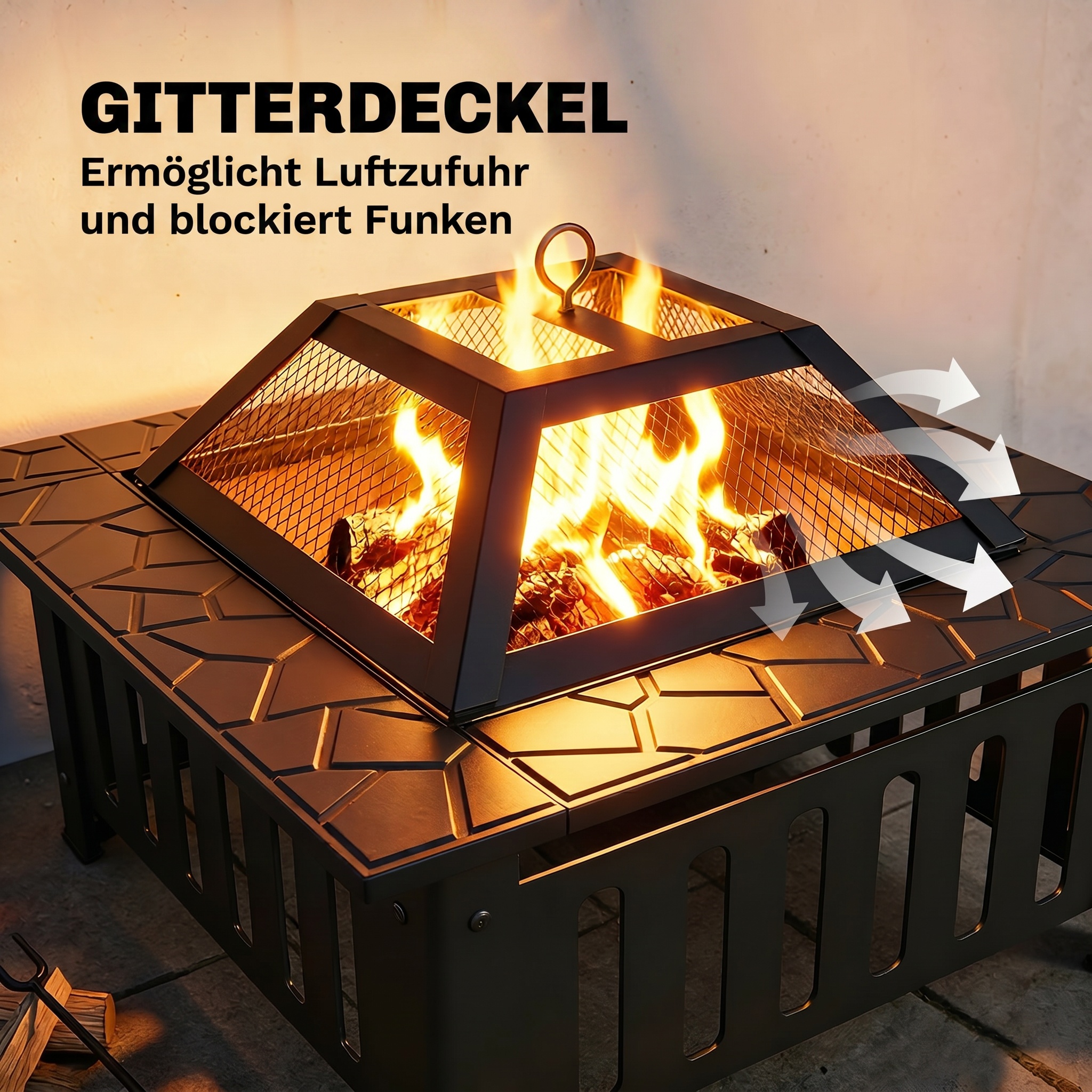 Feuerschale aus Stahl Feuerstelle mit Funkenschutz Schürhaken für Outdoor Camping 67x67x47cm Schwarz