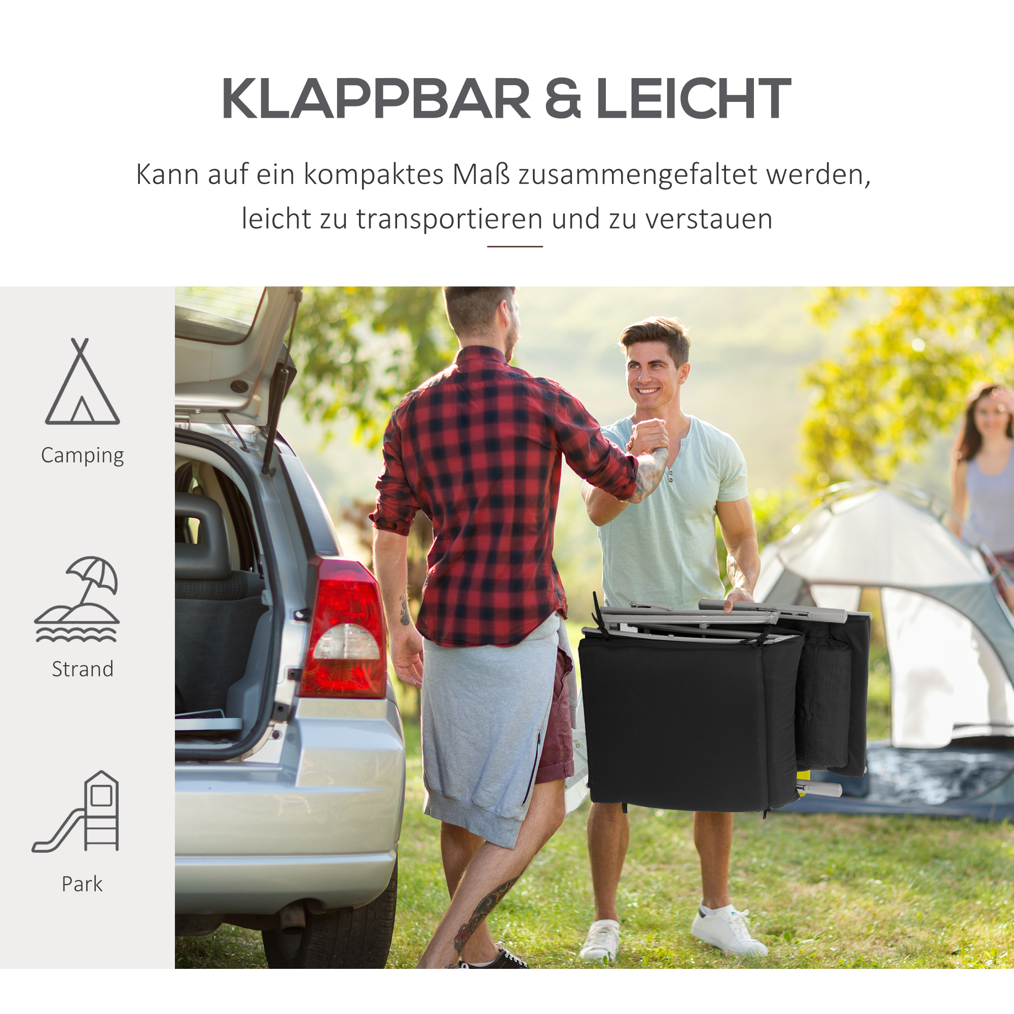 Sonnenliege klappbar Strandliege mit Kopfkissen Sitzkissen Liegestuhl mit 7-Fach verstellbare Rückenlehne Gartenliege Relaxliege bis 165 kg belastbar, für Garten Urlaub Outdoor, Schwarz