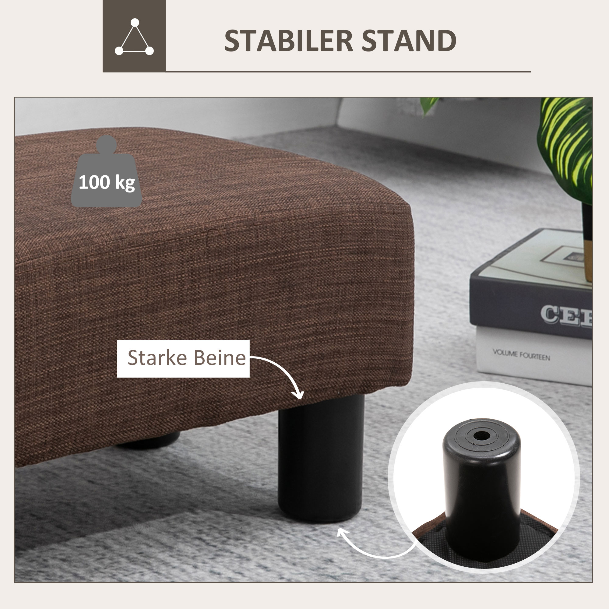Hocker mit Stoffbezug in Leinenoptik, bis 110 kg, braun, 40 x 30 x 24cm