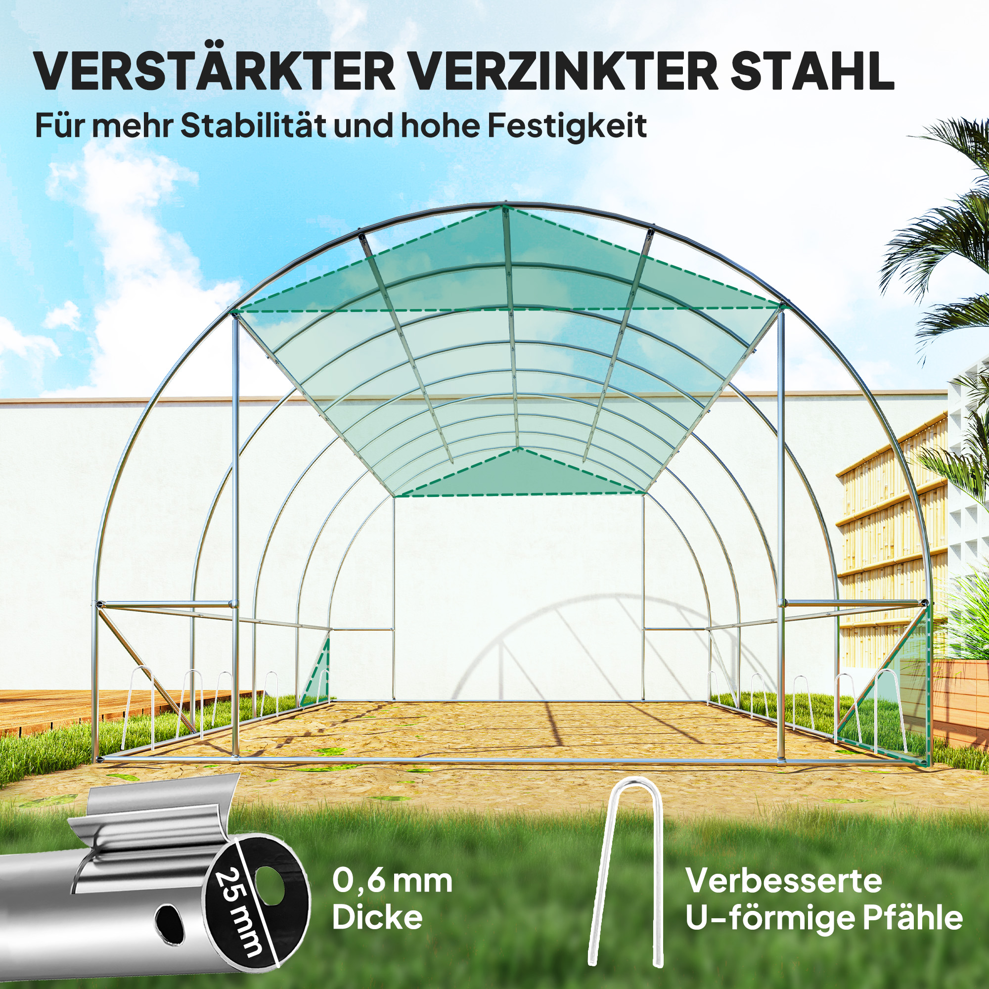 Polytunnel Gewächshaus mit Kunststoff-Abdeckung und Stahlrahmen, begehbares Gewächshauszelt mit Rolltüren, Grün